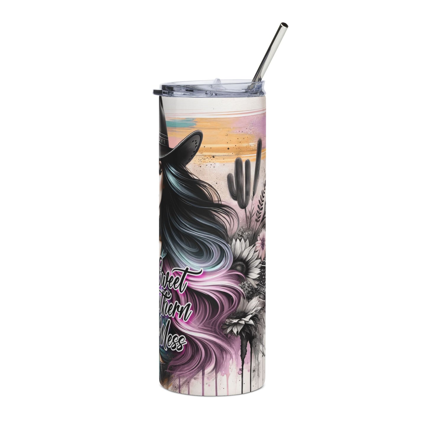 20oz Stainless Steel Tumbler — 'Sweet Southern Mess' Cowgirl Sunflower Design