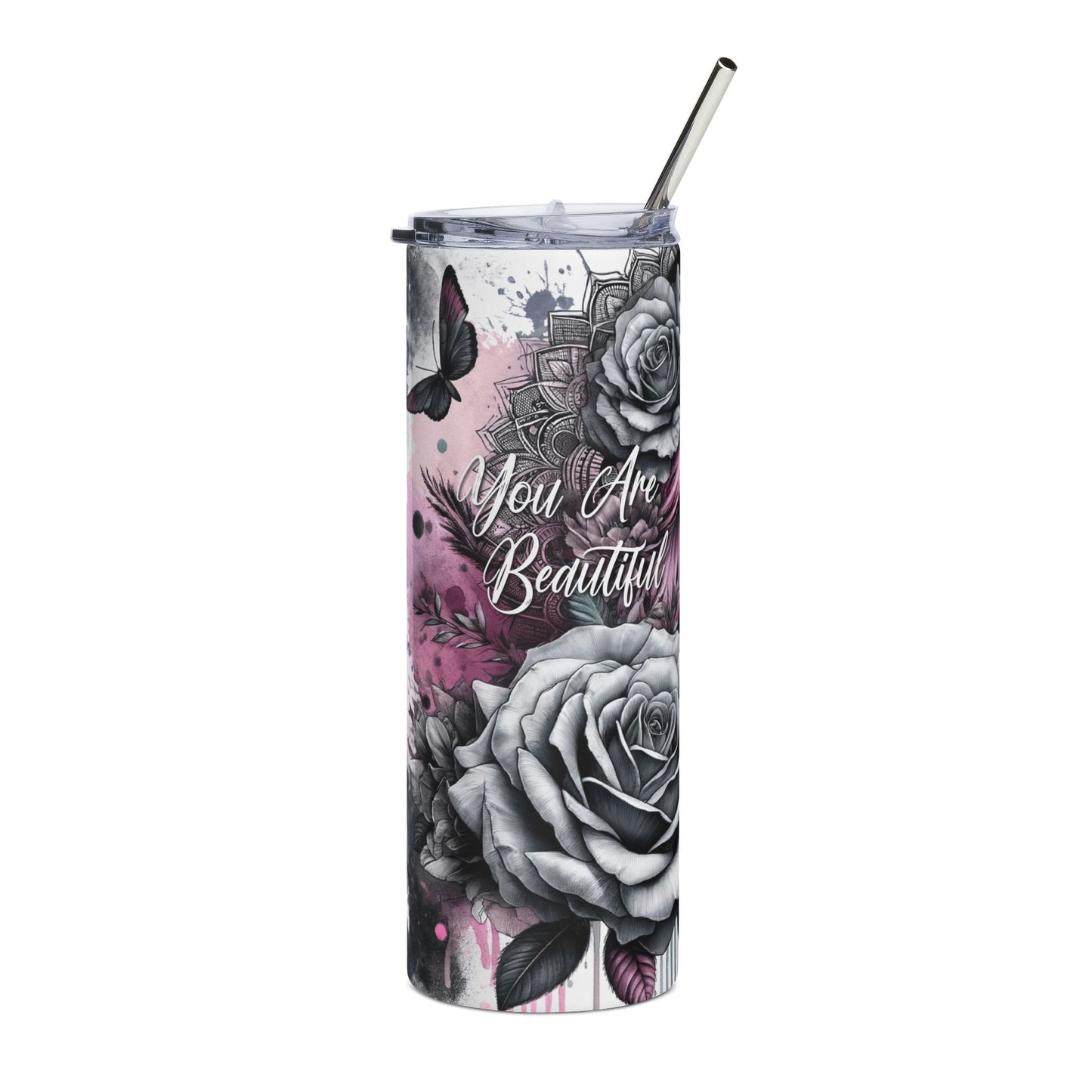 Tumbler - 'You Are Beautiful' Floral Portrait 20oz Stainless Steel Travel Cup