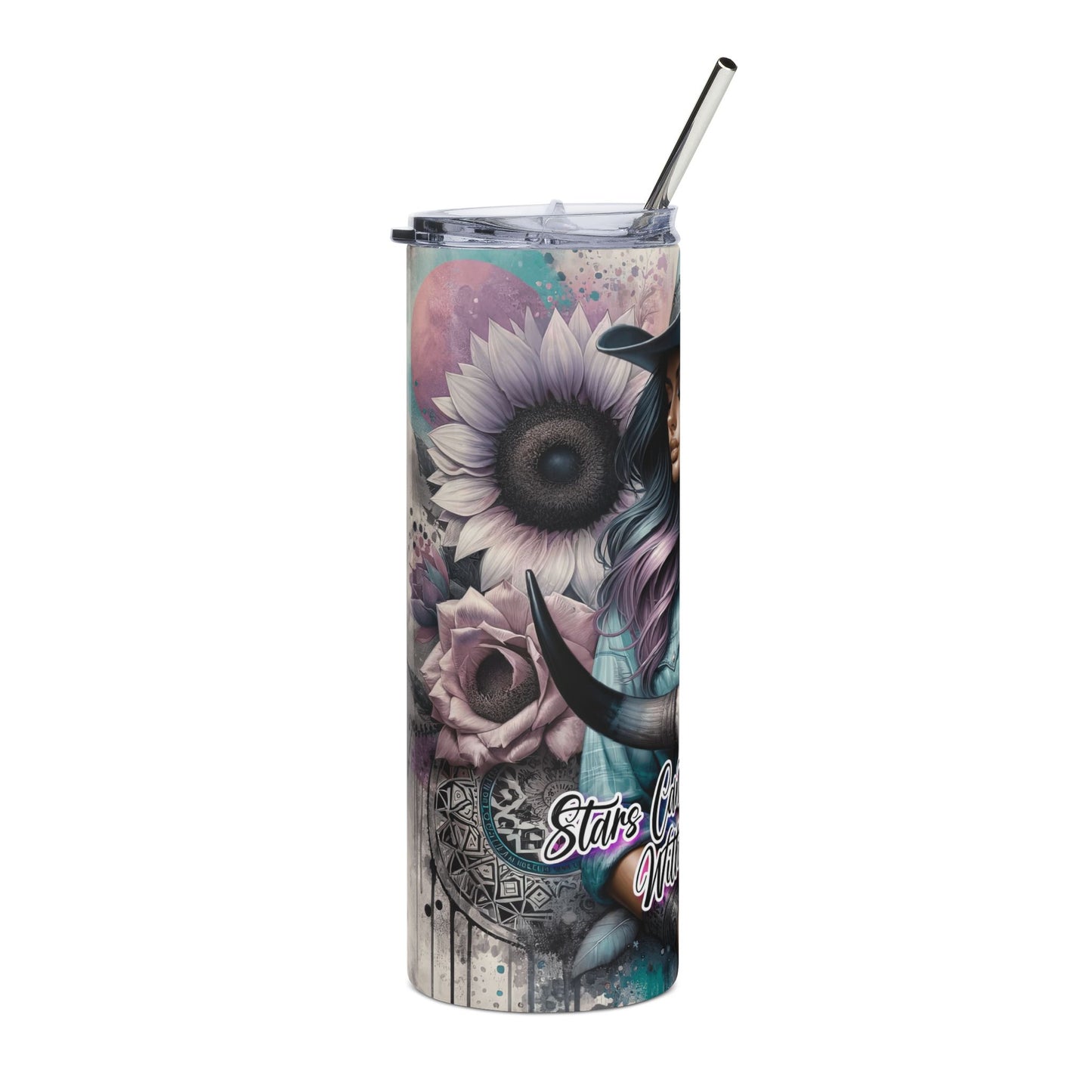 20oz Stainless Tumbler — 'Can't Shine Without Darkness' Cowgirl Skull Sunflower Design