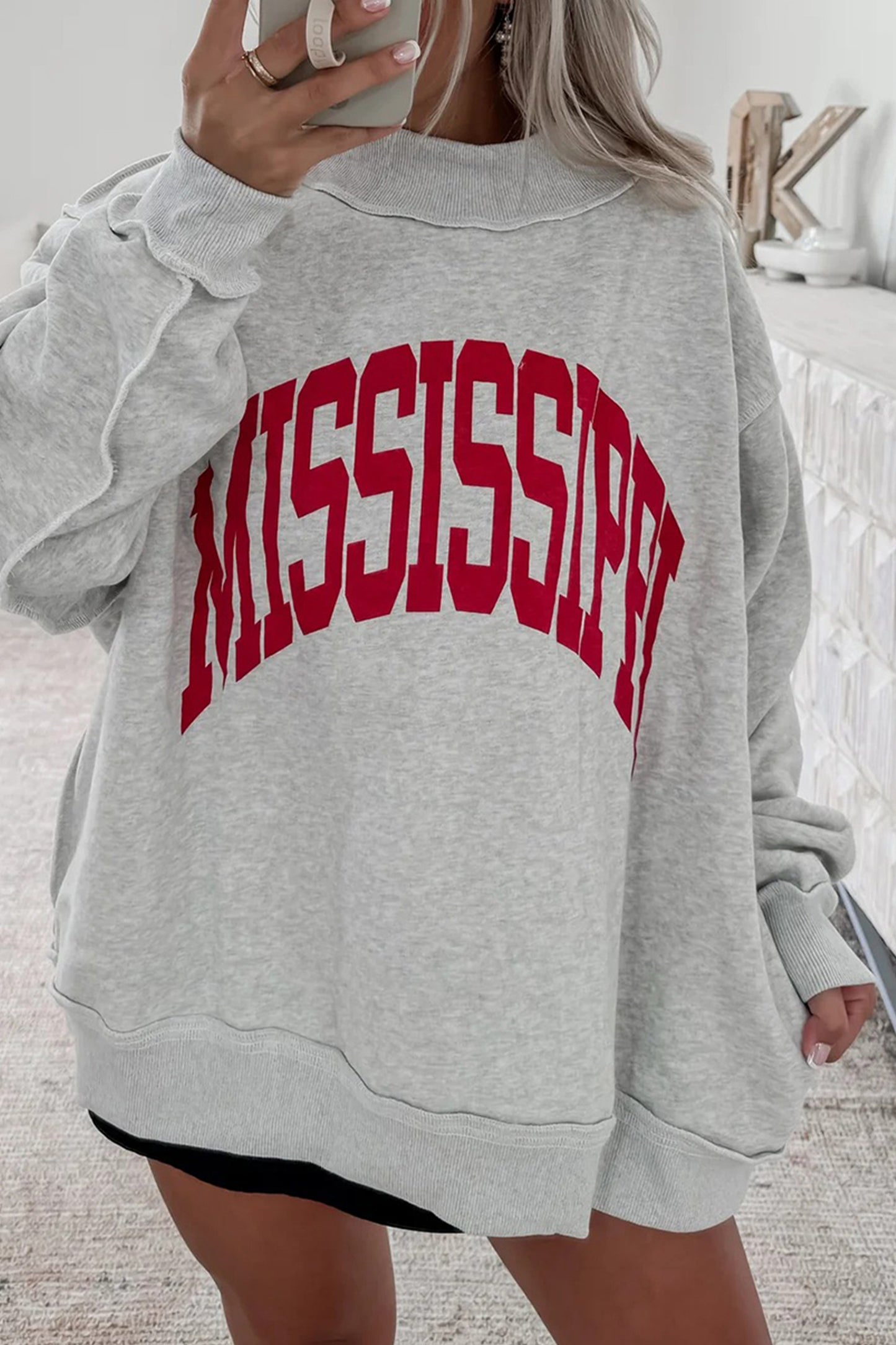 Light Grey MS Reversible Printed Ribbed Patchwork Mock Neck Sweatshirt