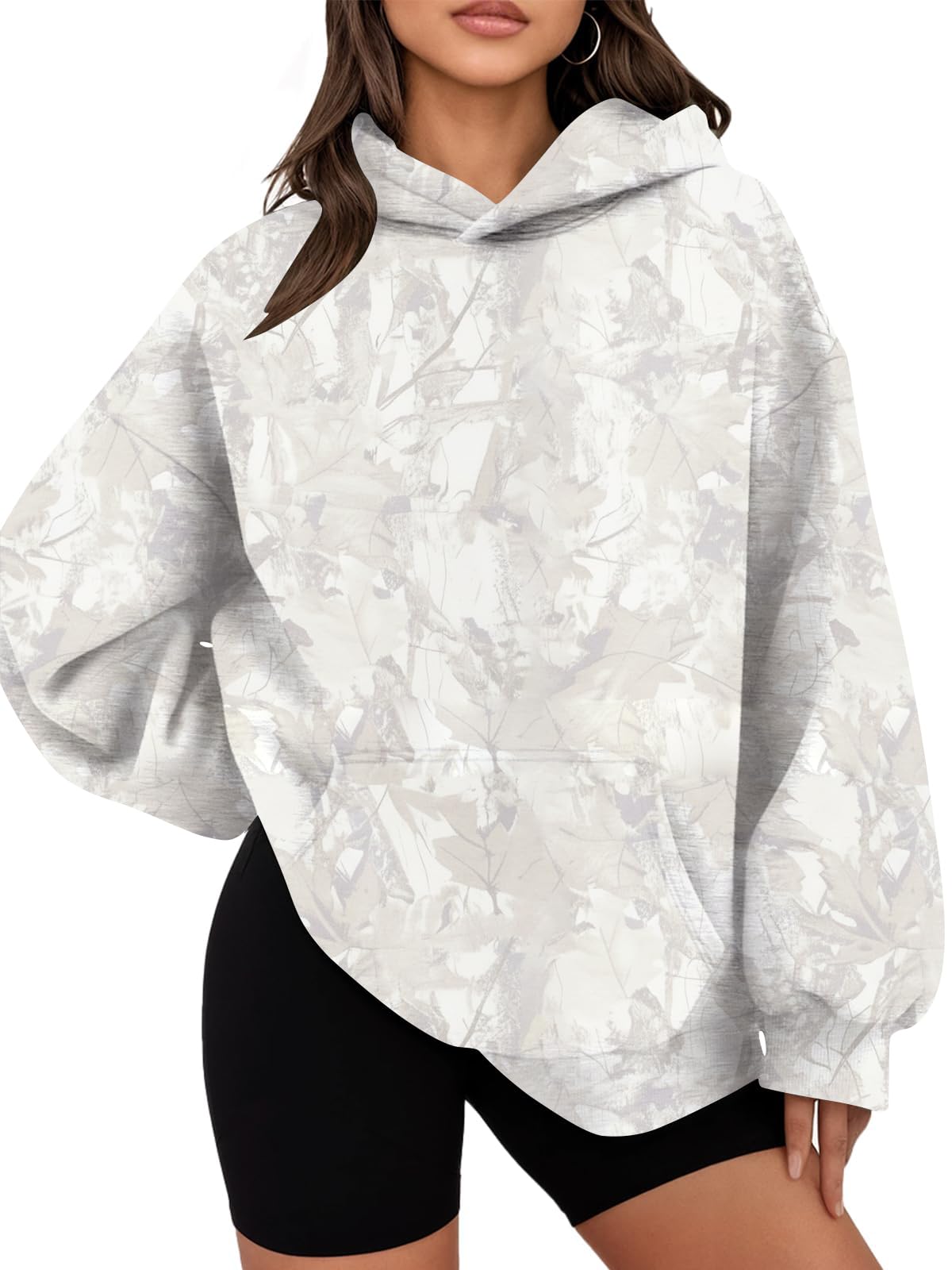 Womens Oversized Camo Hoodie Y2k Maple Leaf Print Fleece Hooded Pullover Sweatshirt Casual Long Sleeve Fall Outfits