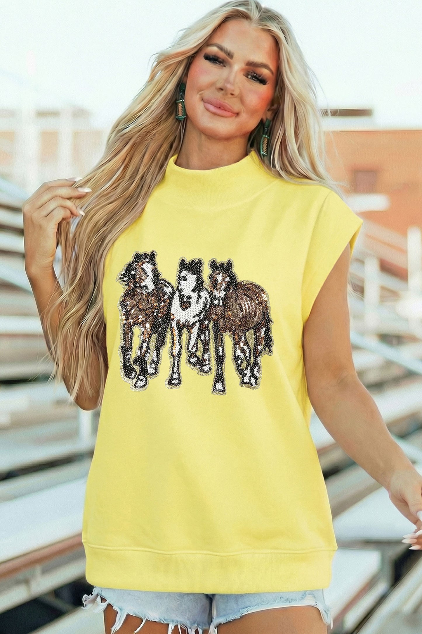 Yellow High Neck Sequin Horse Cap Sleeve Tunic Top
