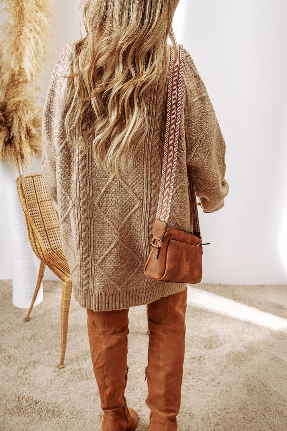 Burgundy Cable Knit Drop Shoulder Loose Fit Sweater Dress