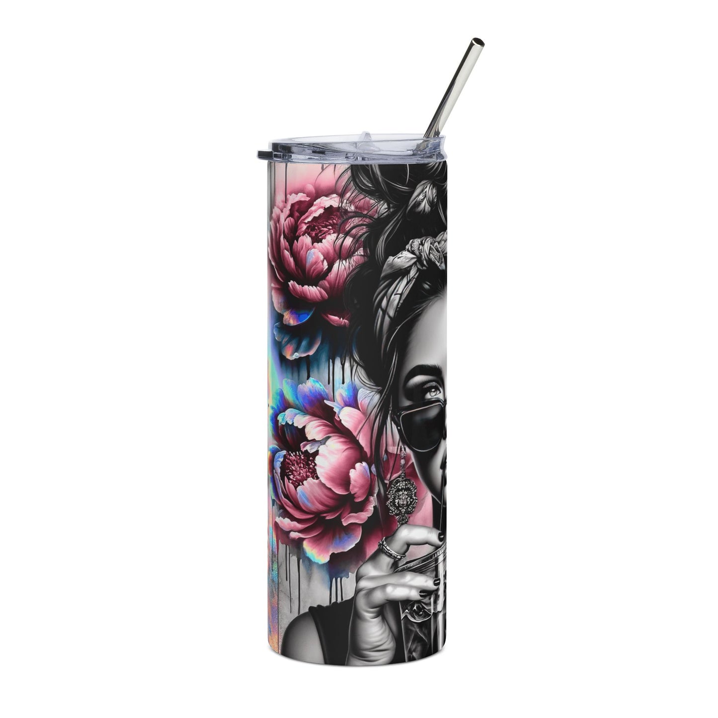 20oz Stainless Tumbler — Retro Pin-Up Woman with Sunglasses & Pink Peonies