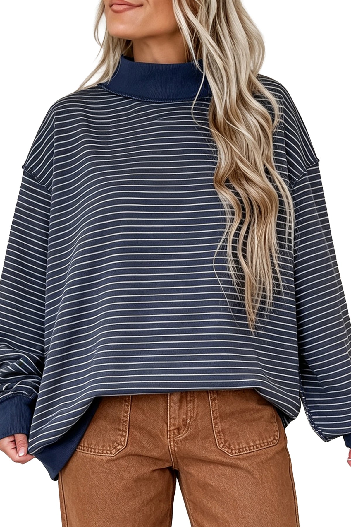 Pink Stripe Ribbed Color Block Mock Neck Oversized Sweatshirt