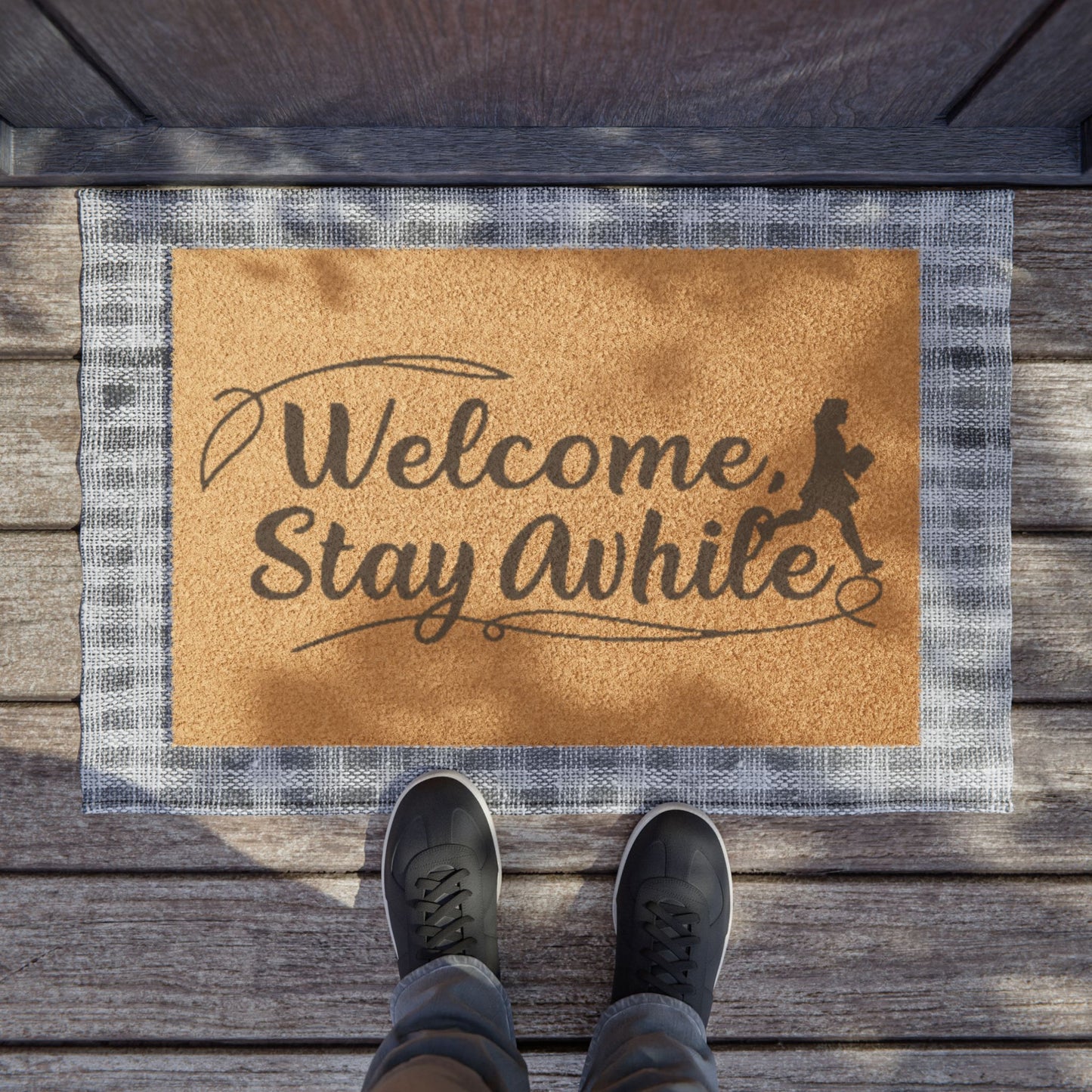 Welcome Stay Awhile Coir Doormat — Rustic Front Door Welcome Mat