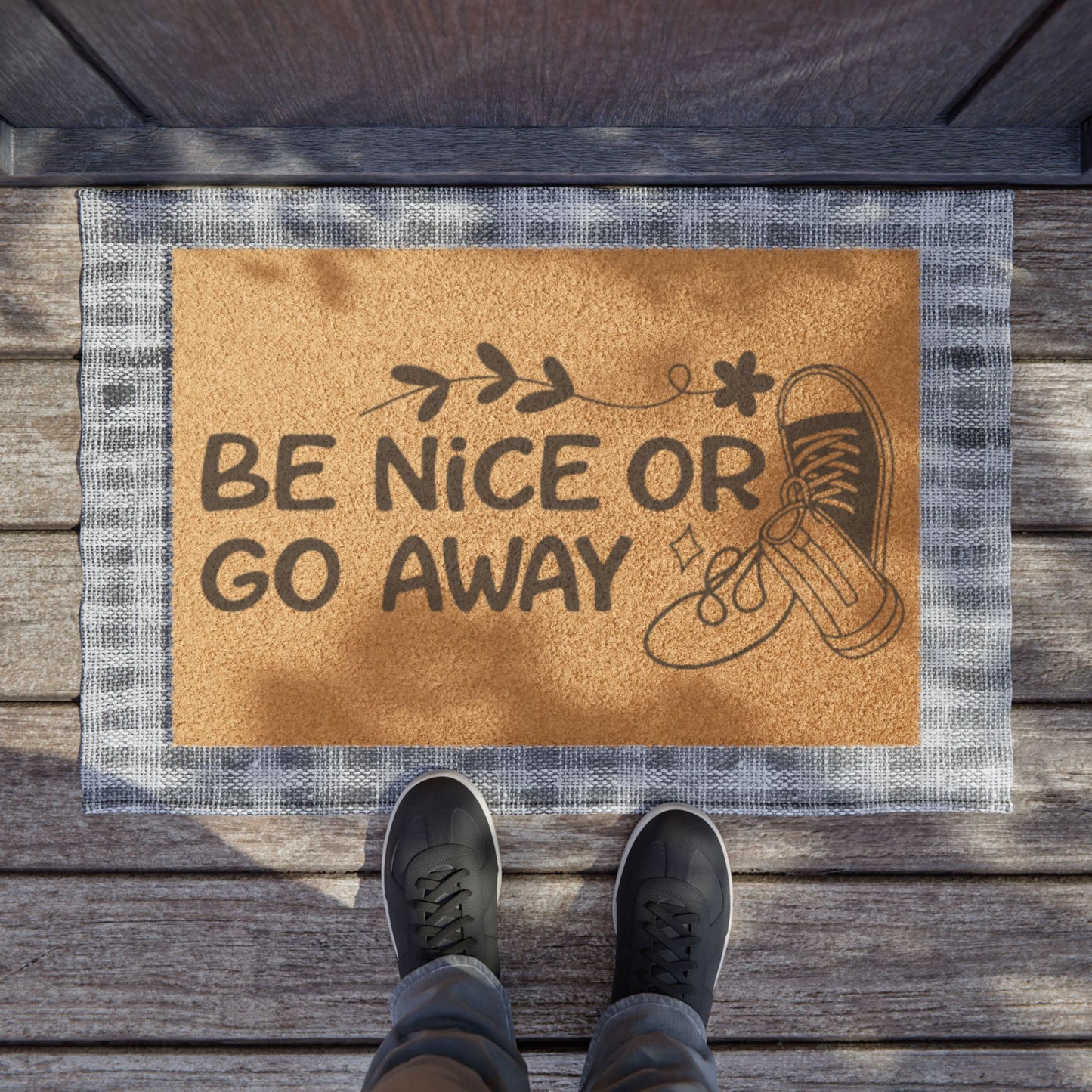 Be Nice or Go Away Doormat – Funny Welcome Coir Mat with Sneakers Design