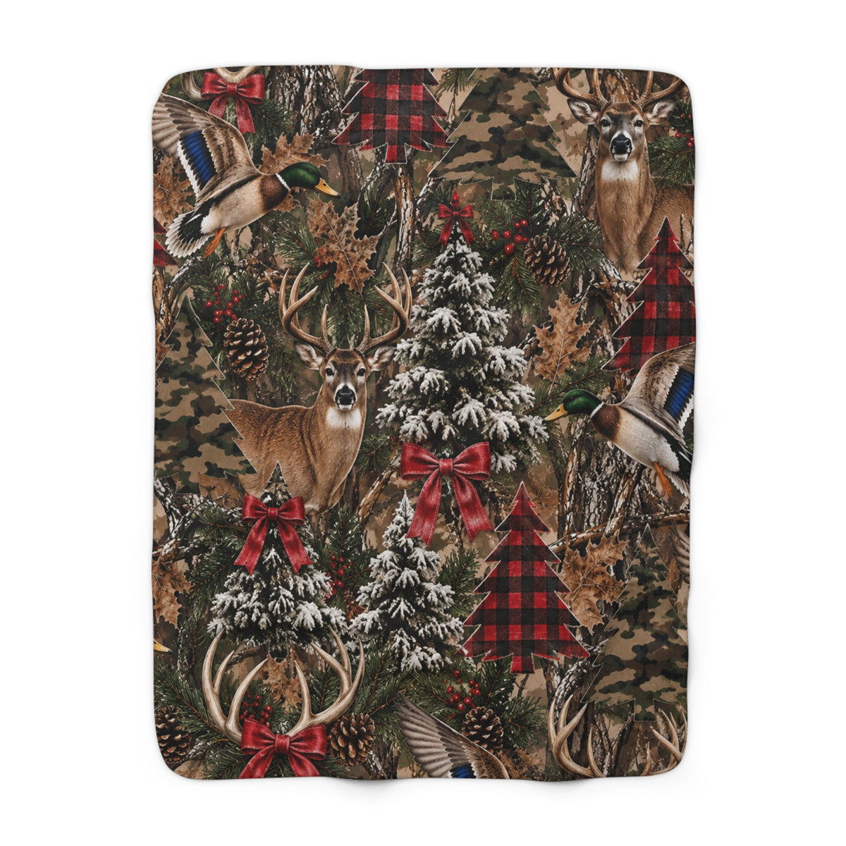 Christmas Woodland Sherpa Blanket — Deer, Ducks & Plaid Holiday Fleece