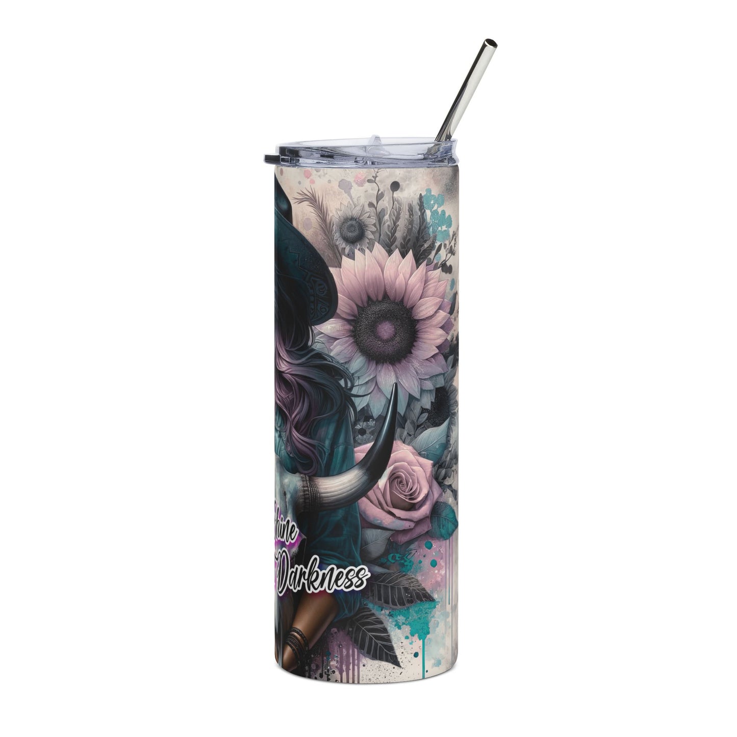 20oz Stainless Tumbler — 'Can't Shine Without Darkness' Cowgirl Skull Sunflower Design