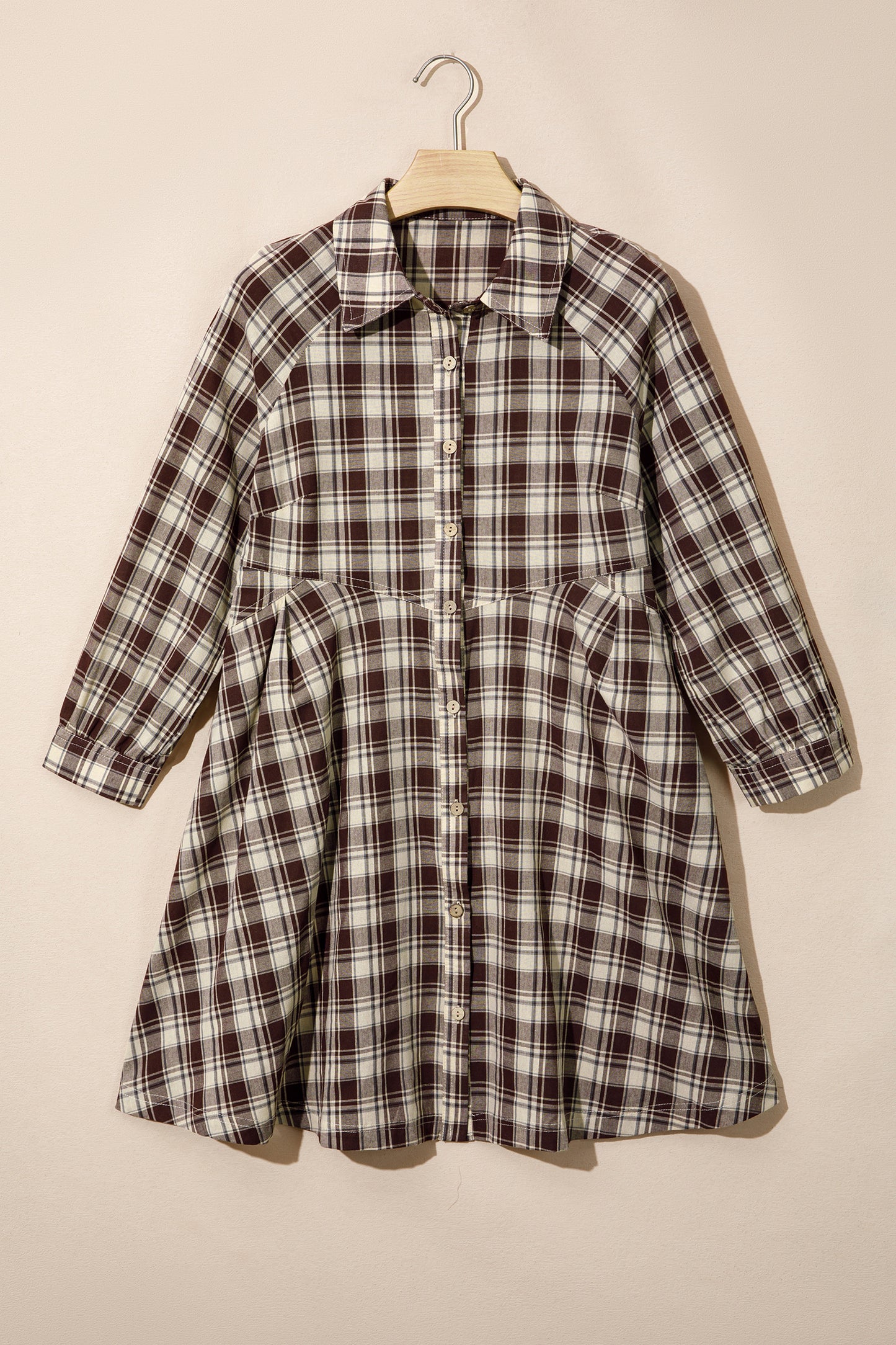 Brown Plaid Long Sleeve Short Shift Mini Dress