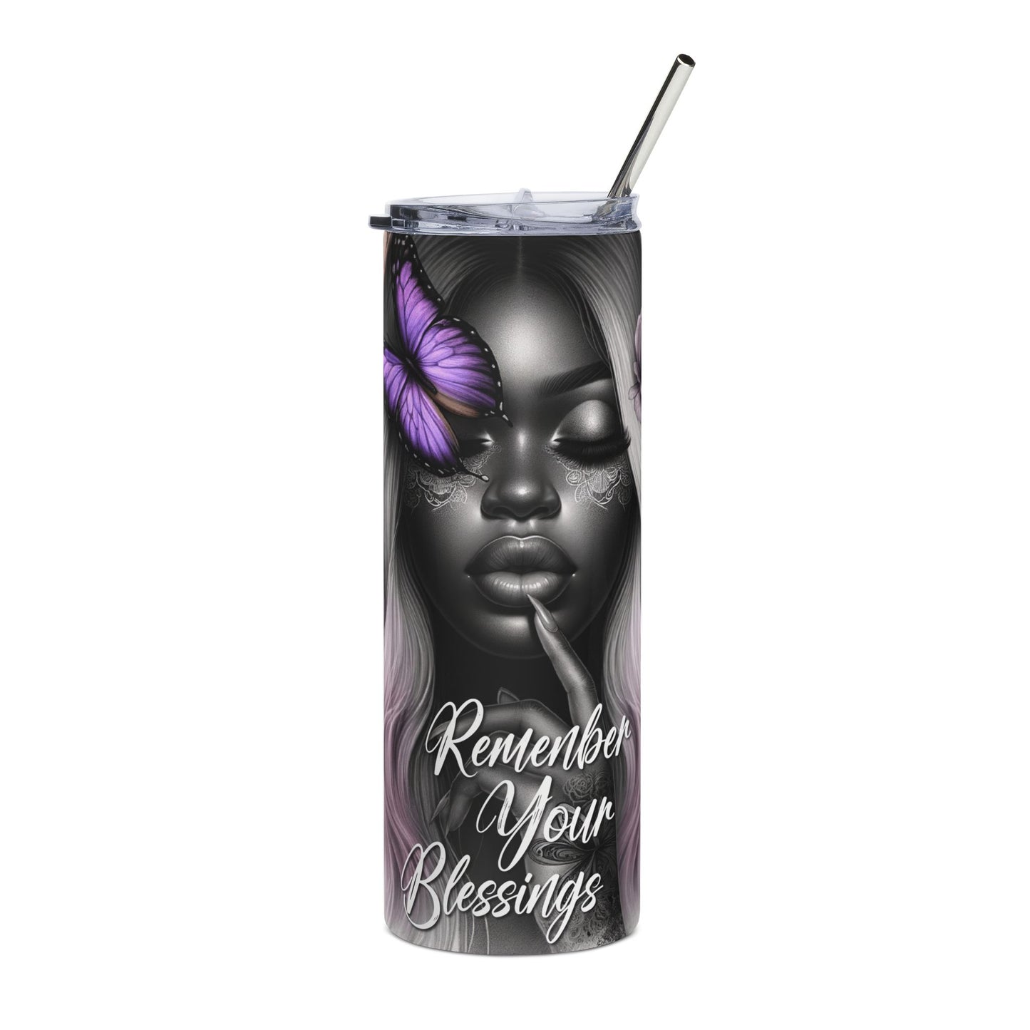 20oz Stainless Steel Tumbler — Remember Your Blessings Black Woman Design with Purple Butterfly