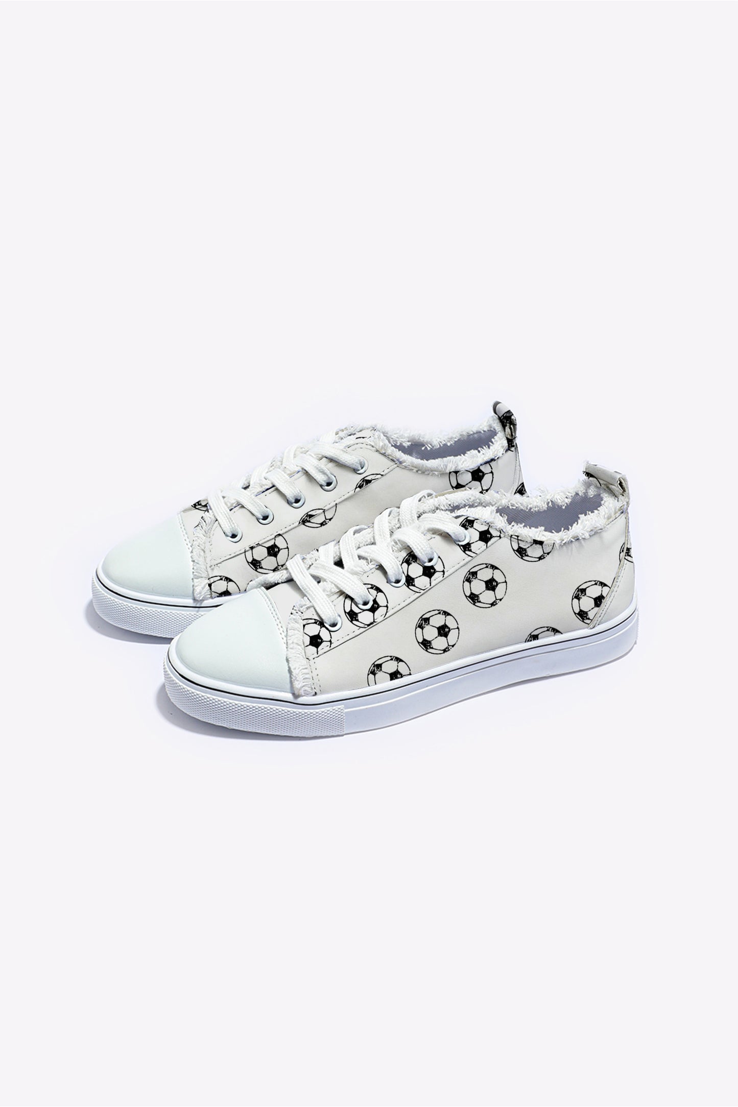 White Soccer Football Print Frayed Canvas Lace-up Shoes