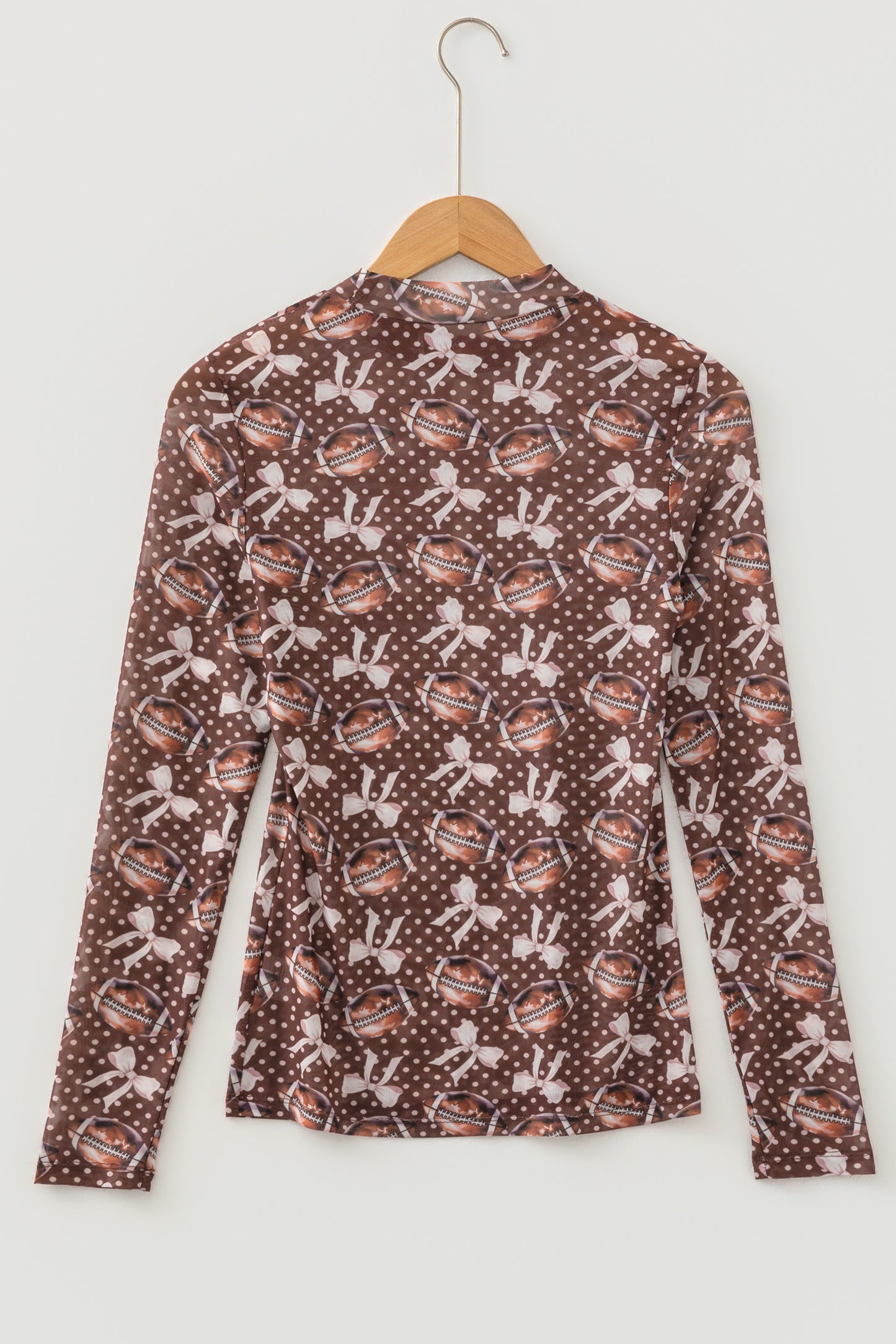 Brown Polka Dot Bow Football Print Long Sleeve Mesh Top