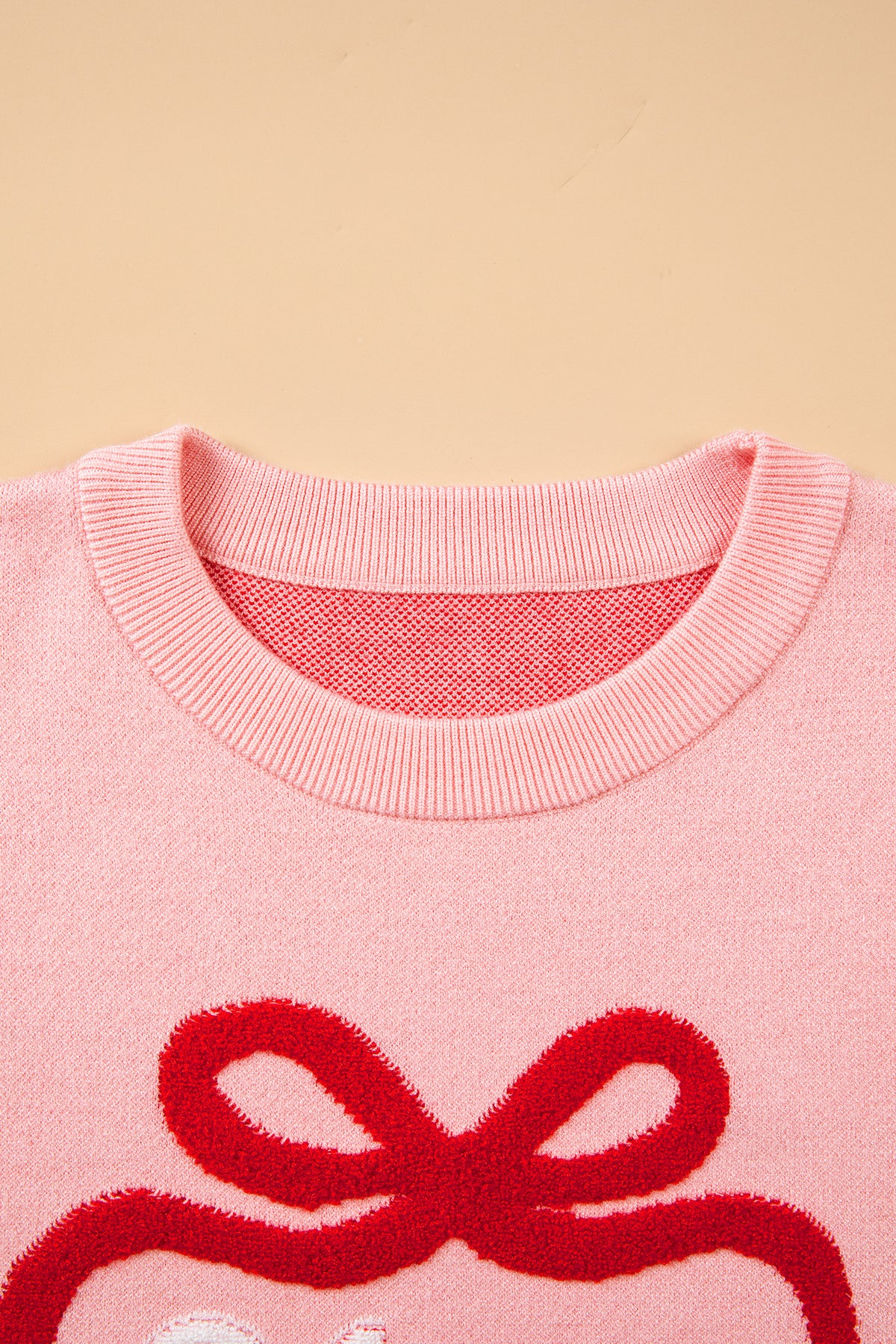 Gossamer Pink Drop Shoulder Round Neck Towel Embroidery Slogan Pullover Sweater