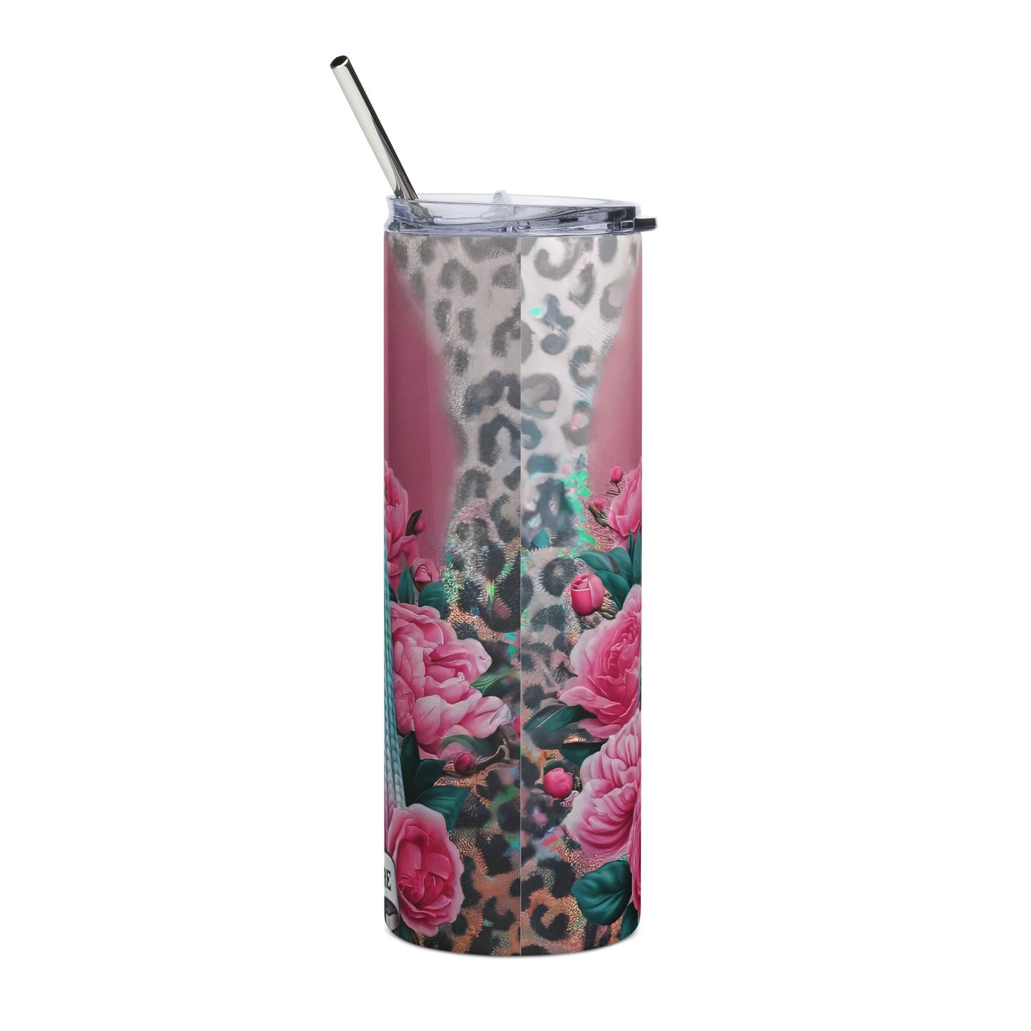 20oz Stainless Steel Tumbler — Black Woman Bubblegum Art with Pink Roses