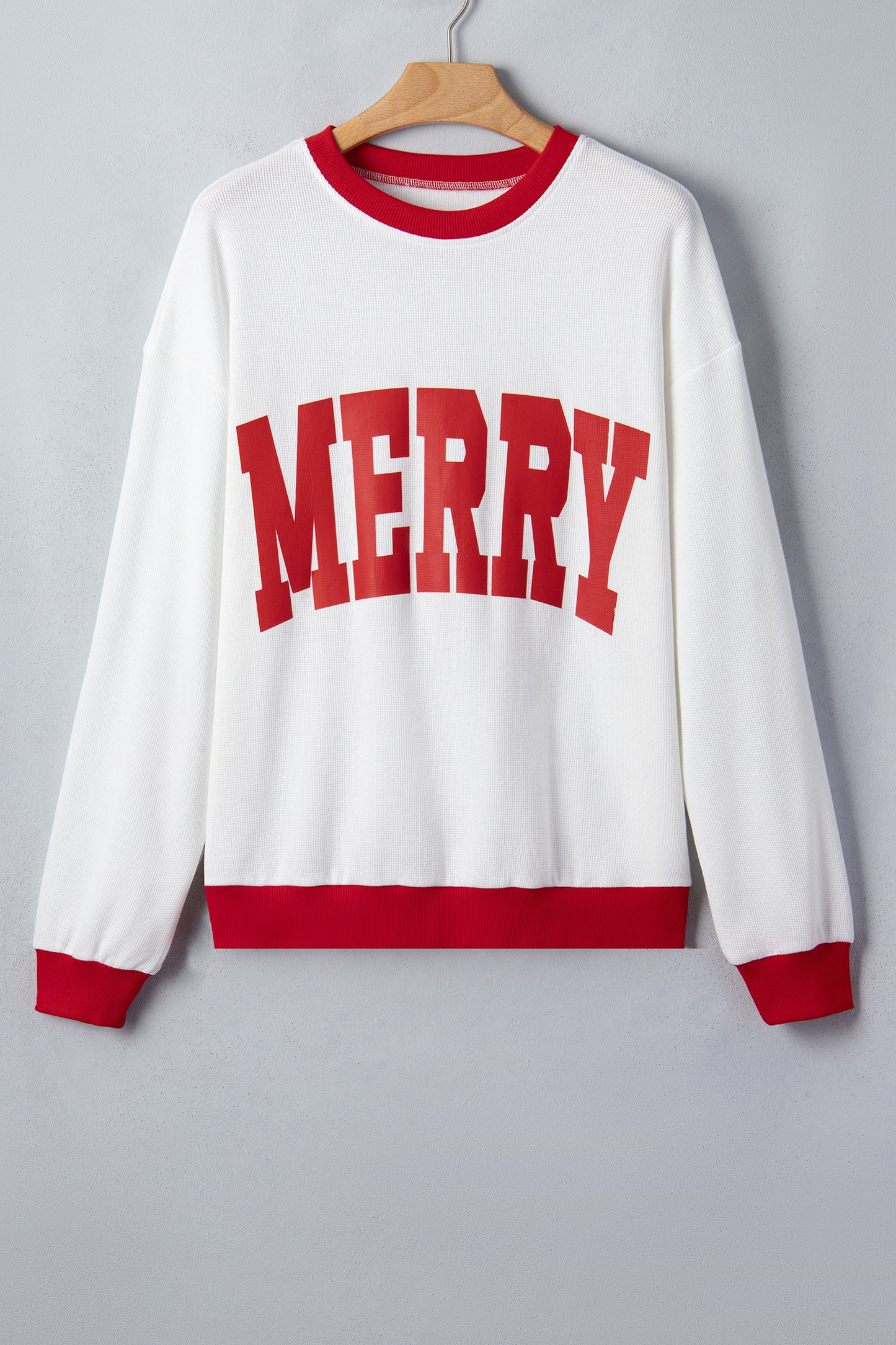 Beige Color Block Trim Merry Slogan Pullover Sweatshirt