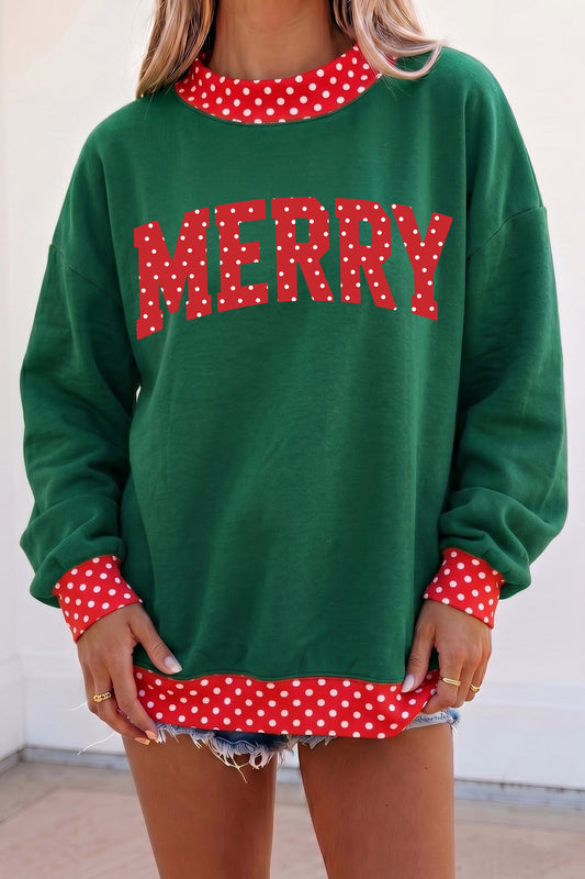Dark Green Merry Christmas Slogan Polka Dot Contrast Trim Tunic Sweatshirt