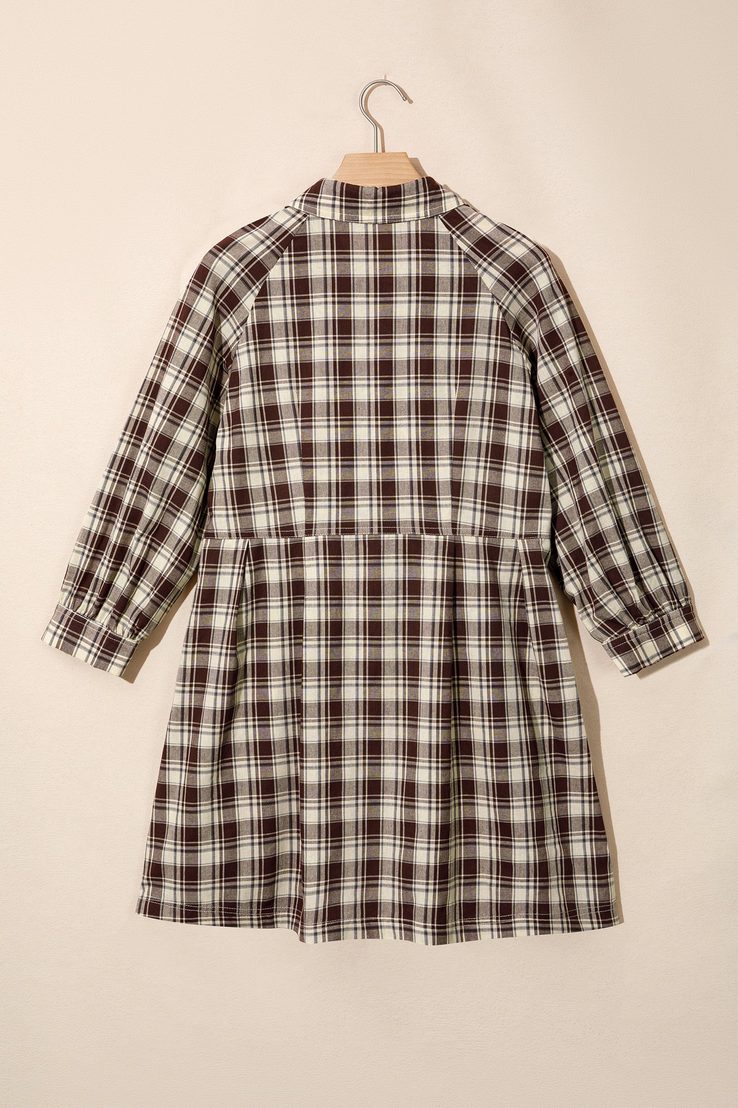 Brown Plaid Long Sleeve Short Shift Mini Dress