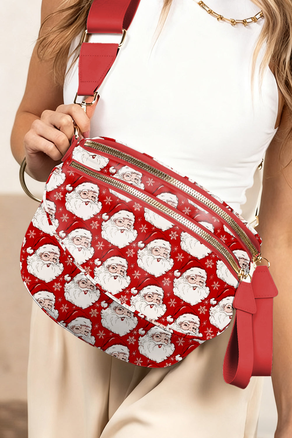 Pink Christmas Theme Double Zip PU Leather Crossbody Bag