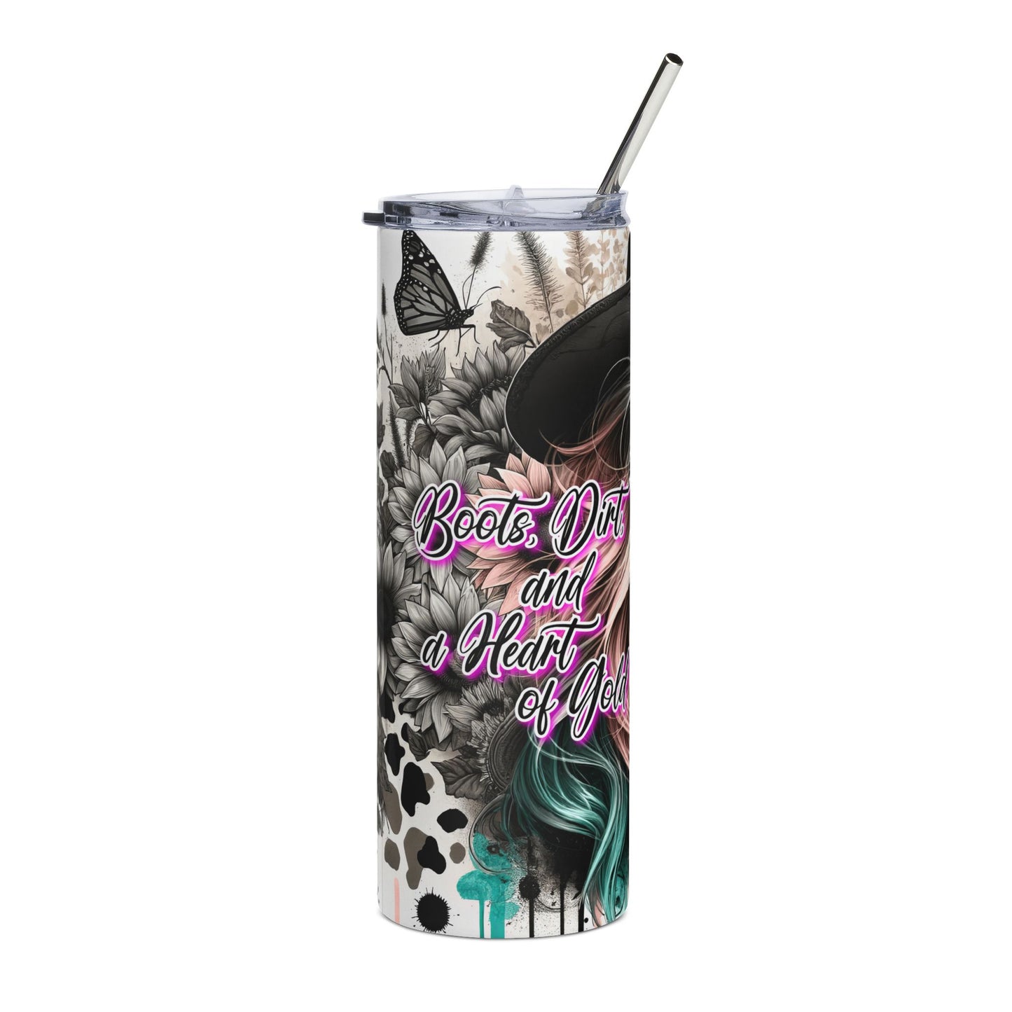 20oz Stainless Tumbler — 'Boots, Dirt and a Heart of Gold' Cowgirl Art Travel Mug