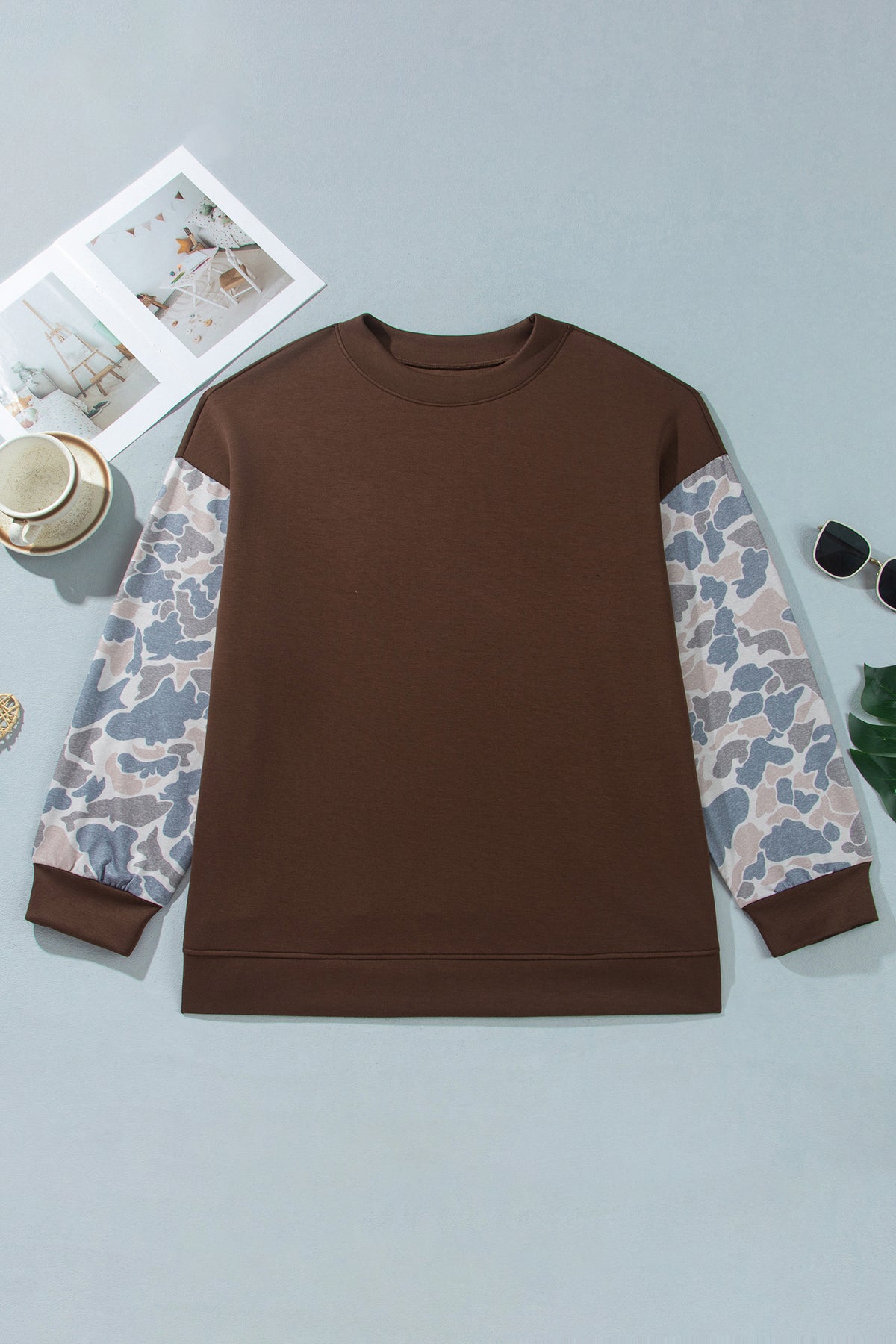 Coffee Mock Neck Camo Patchwork Drop Shoulder Plus Size Sweatshirt
