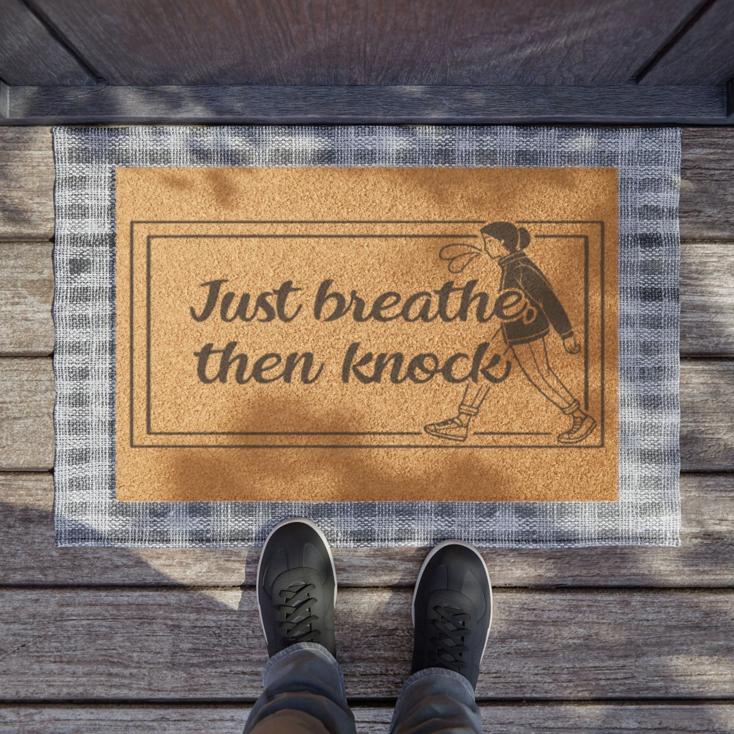 Doormat — "Just Breathe Then Knock" Welcome Mat with Calming Figure, Funny Mindfulness Door Mat for Home Entry