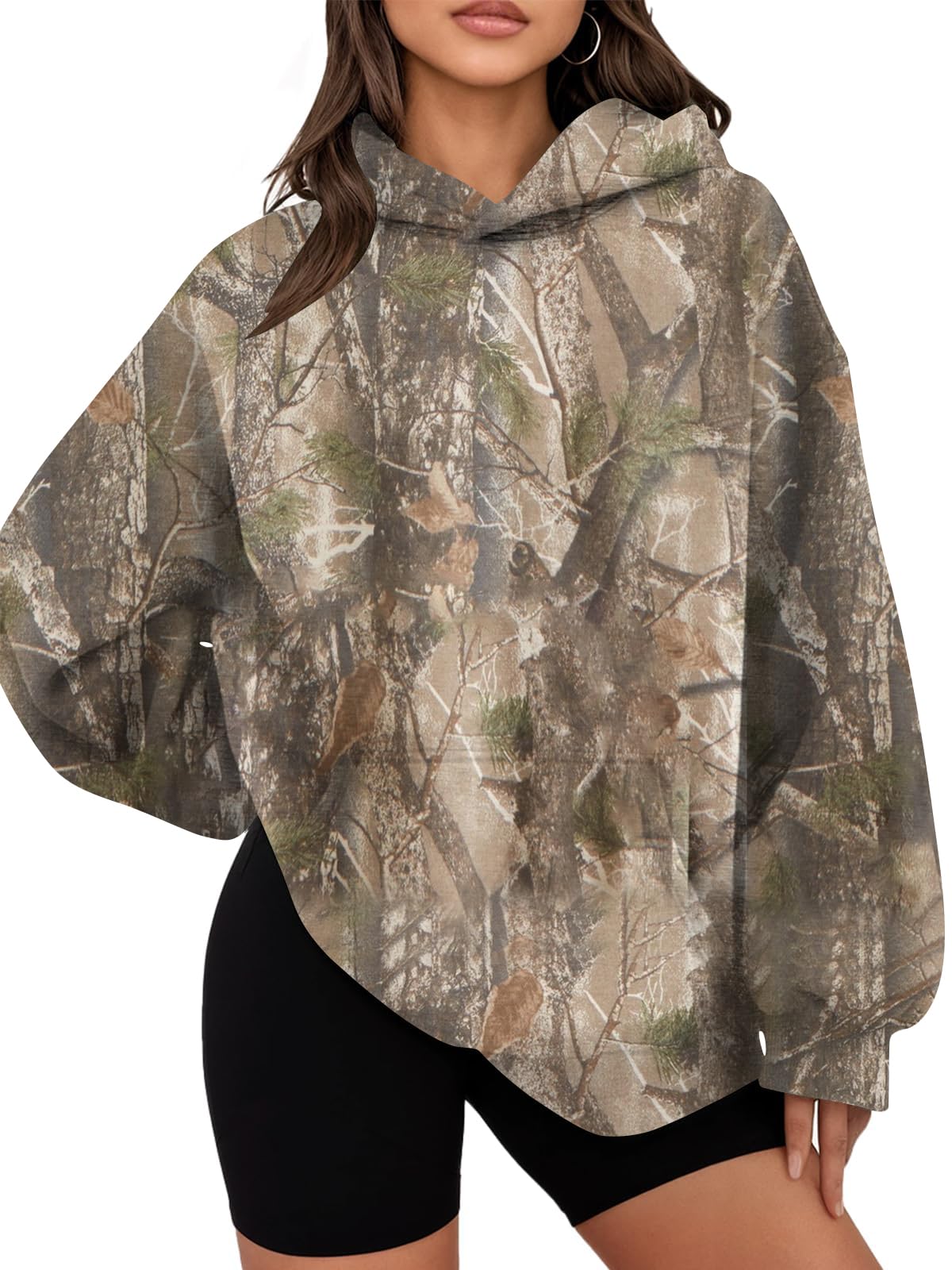 Womens Oversized Camo Hoodie Y2k Maple Leaf Print Fleece Hooded Pullover Sweatshirt Casual Long Sleeve Fall Outfits