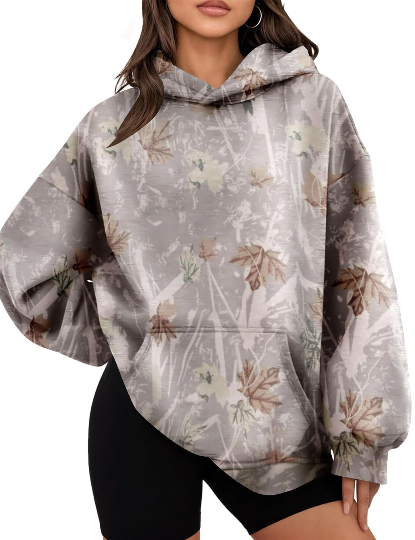Womens Oversized Camo Hoodie Y2k Maple Leaf Print Fleece Hooded Pullover Sweatshirt Casual Long Sleeve Fall Outfits