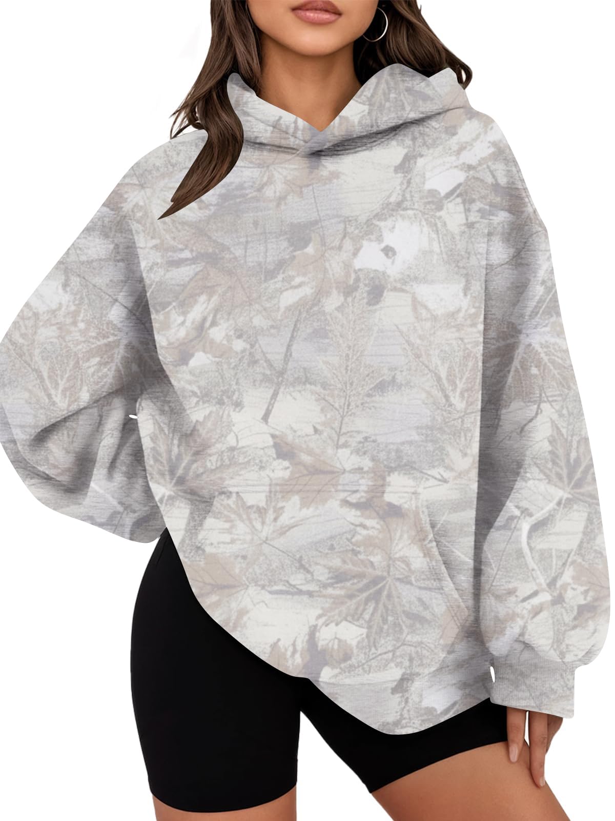 Womens Oversized Camo Hoodie Y2k Maple Leaf Print Fleece Hooded Pullover Sweatshirt Casual Long Sleeve Fall Outfits