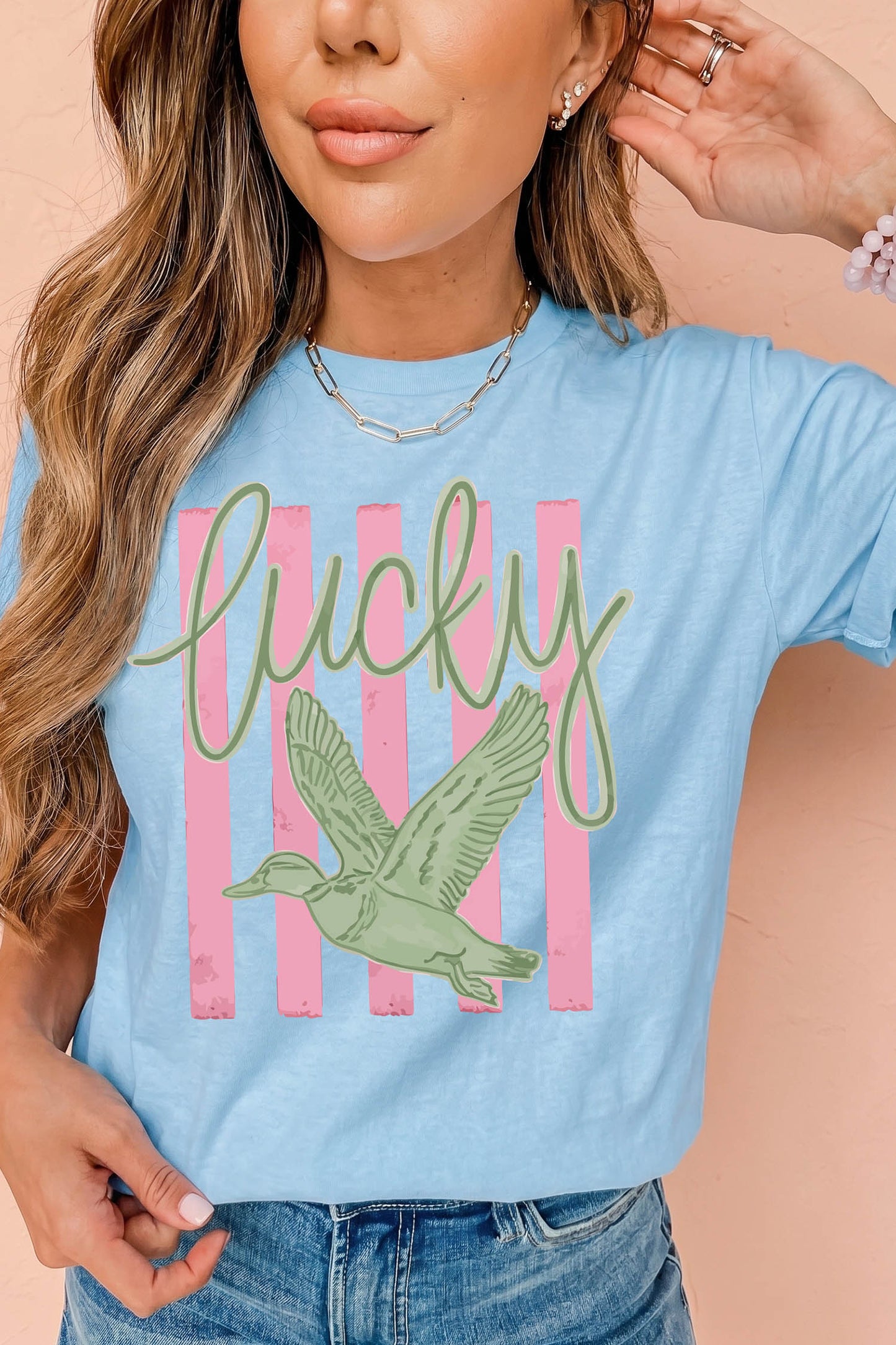Light Blue Lucky Duck Print Casual Round Neck T Shirt