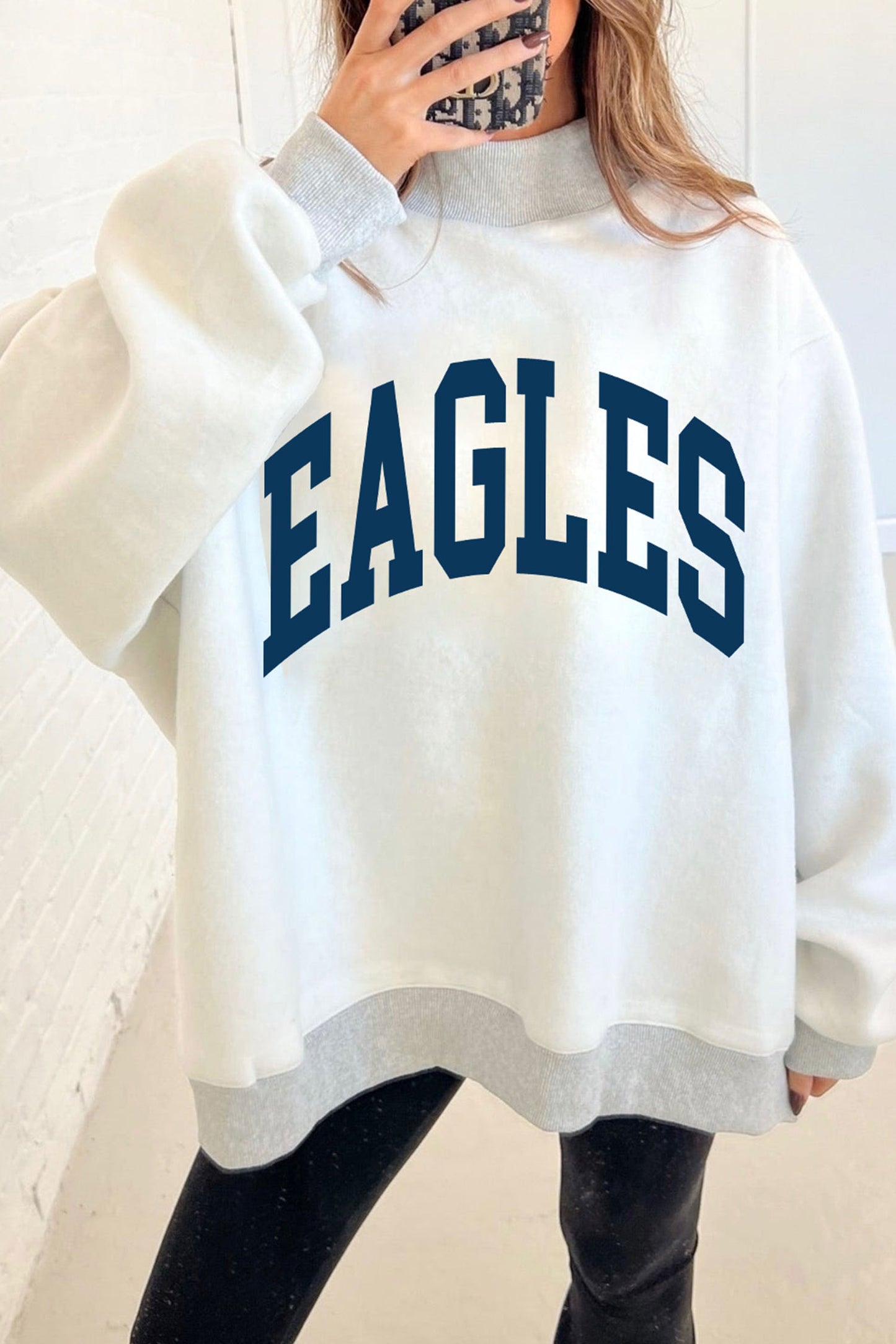 Light Grey WAR DAMN/ EAGLES Double Side Print High Neck Baggy Sweatshirt