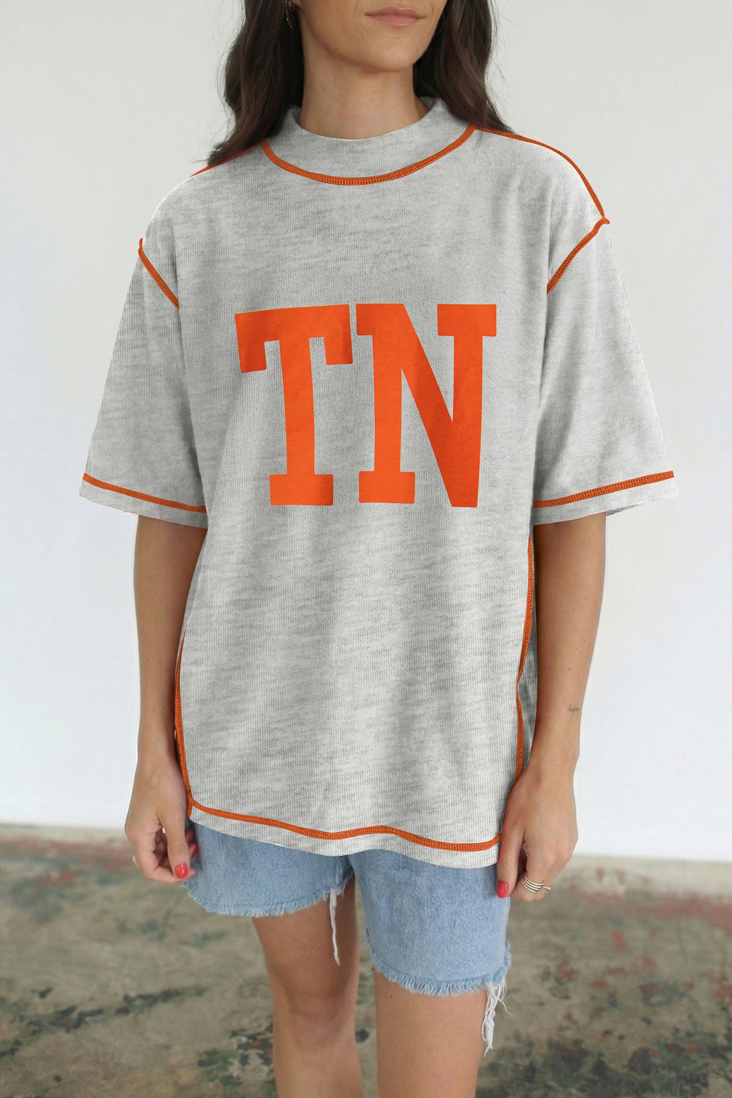 Light Grey Casual High Neck Slogan Tee Short Sleeve Loose Fit Summer T-Shirt