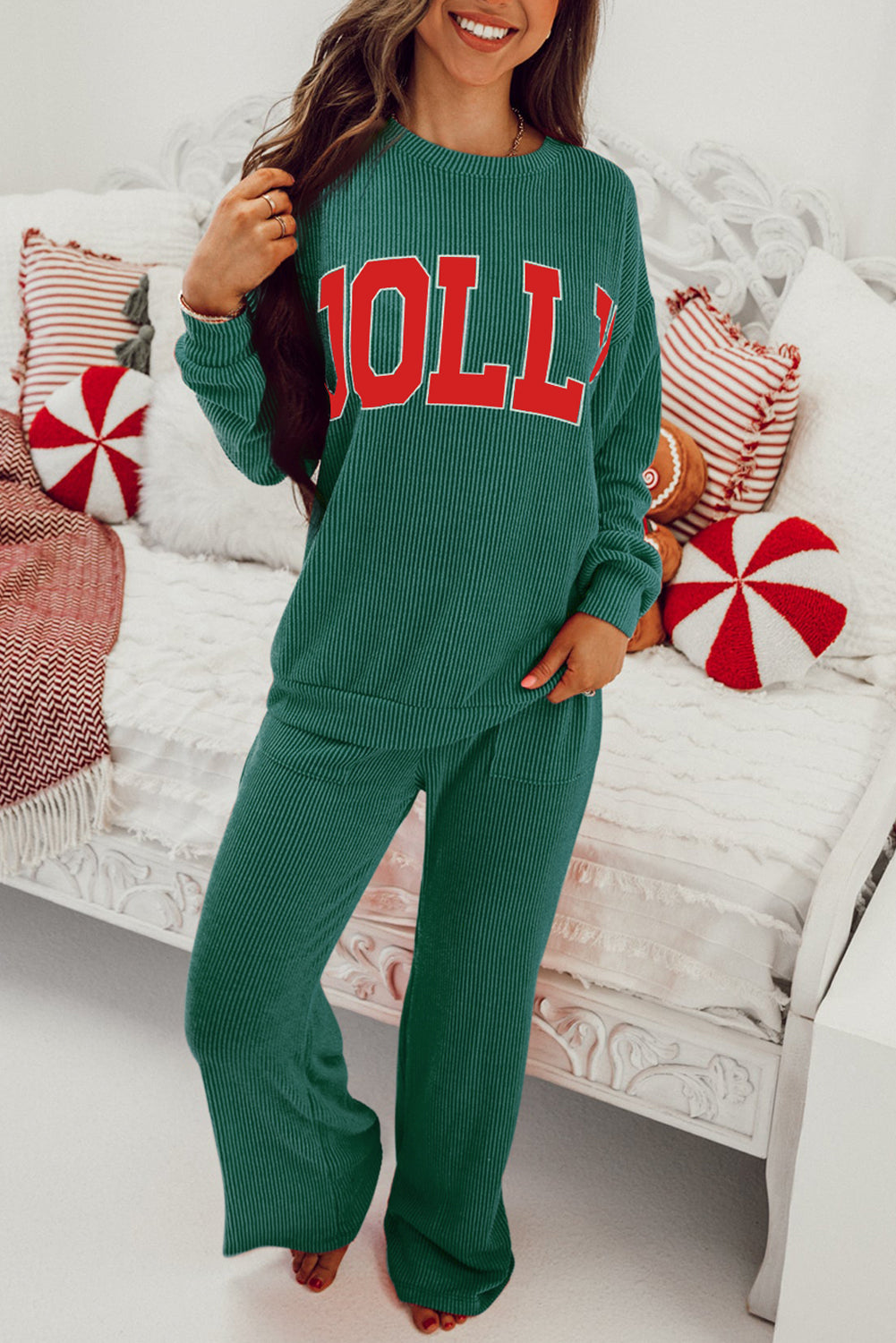 Black MERRY Corded Long Sleeve Top and Pockets Pants Set