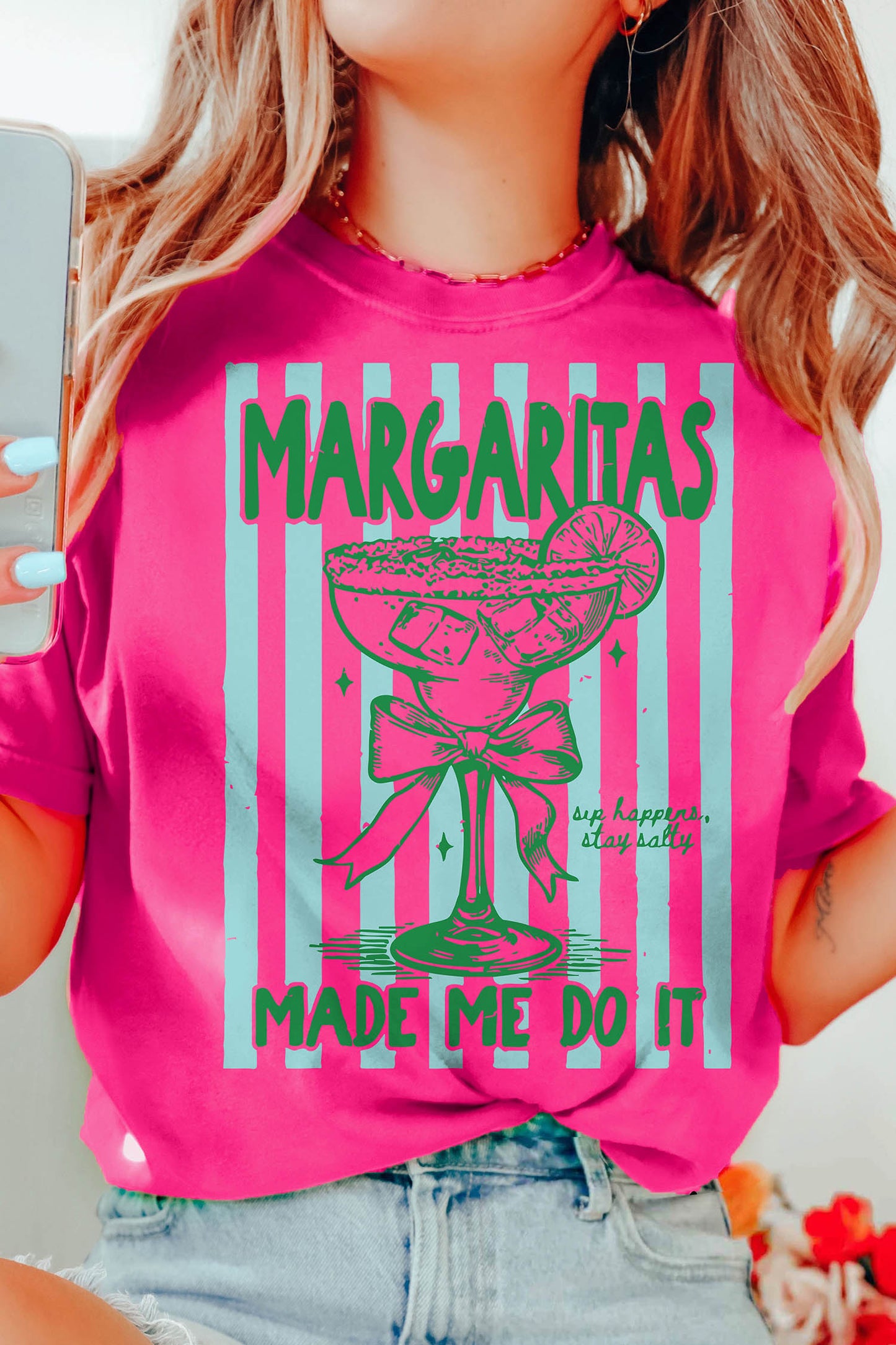 Rose Red Margaritas Made Me Do It Striped Graphic Beach Vacation Tee