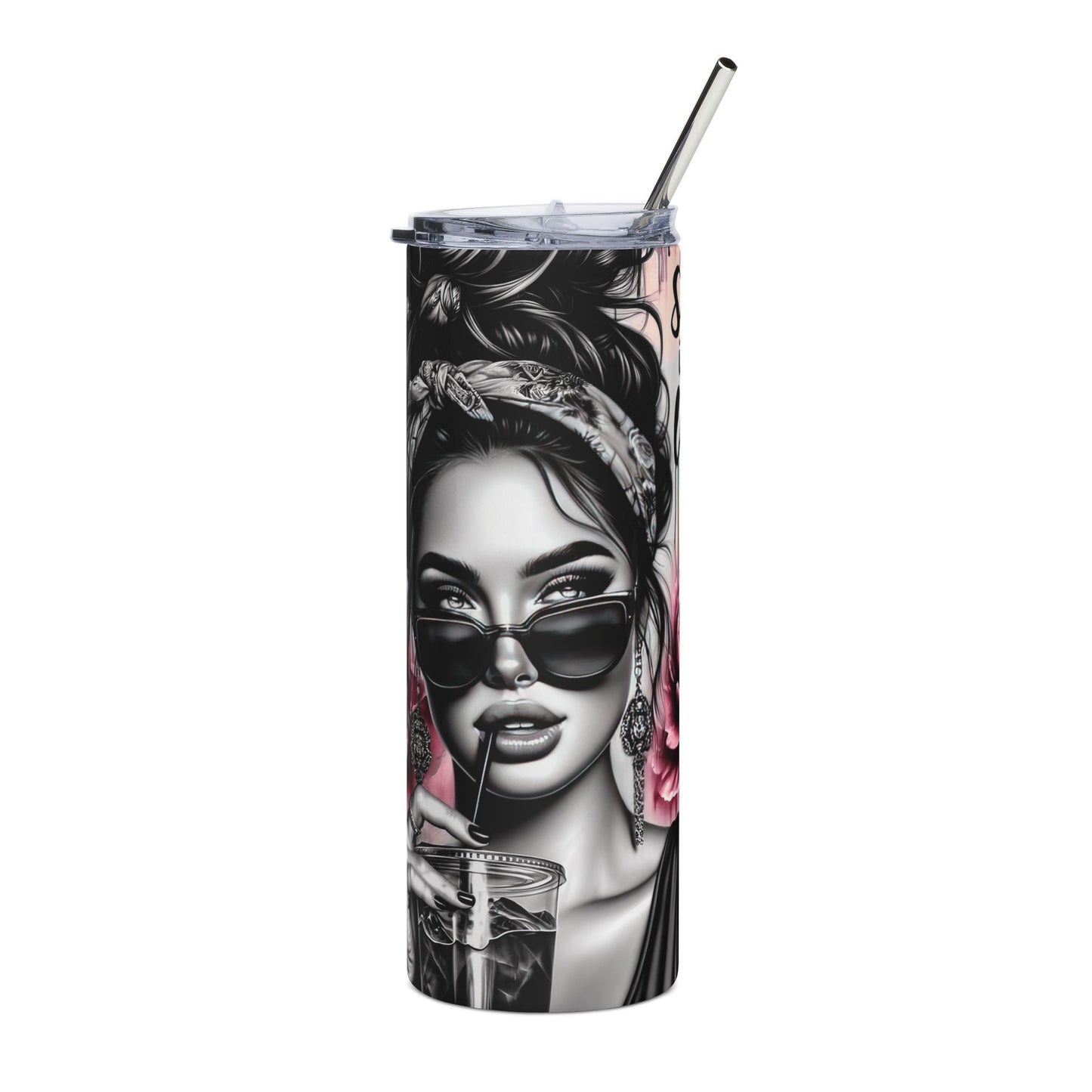 20oz Stainless Tumbler — Retro Pin-Up Woman with Sunglasses & Pink Peonies