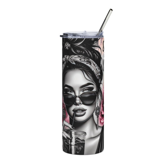 20oz Stainless Tumbler — Retro Pin-Up Woman with Sunglasses & Pink Peonies
