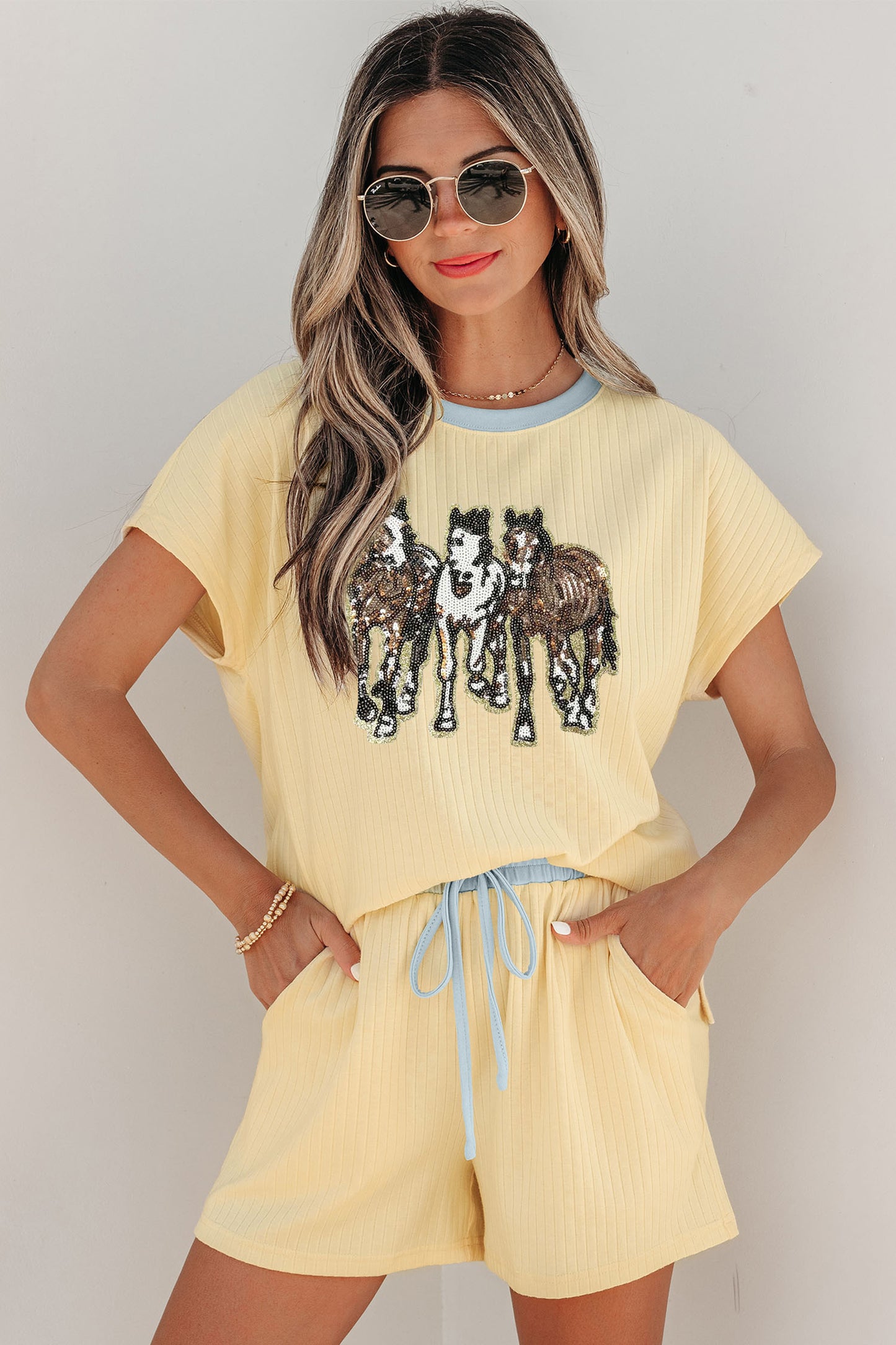 Yellow Cream Ribbed Knit Two Piece Set Sequin Horse Patched Casual Short Set