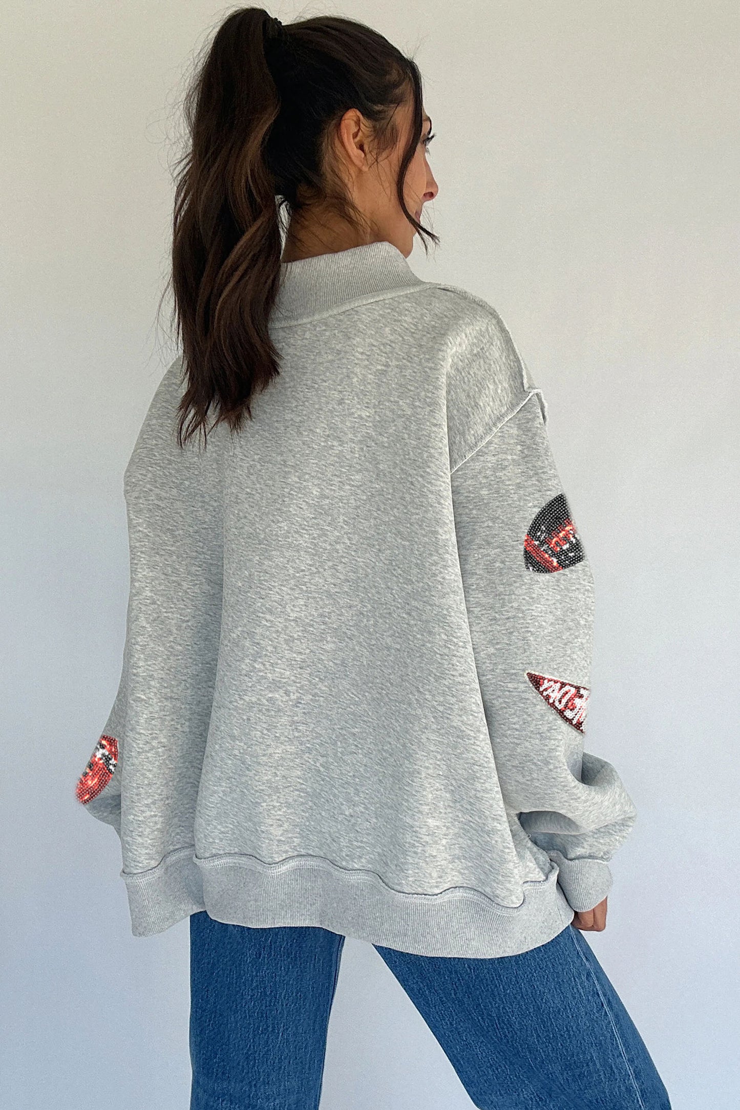 Light Grey Sequin Rugby Game Day High Neck Baggy Sweatshirt