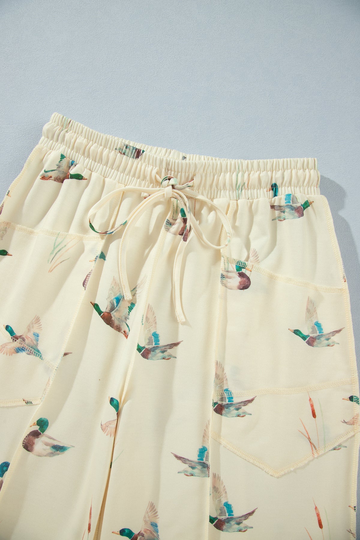 Beige Duck Print Short Sleeve Top Pocket Pants 2pcs Casual Set