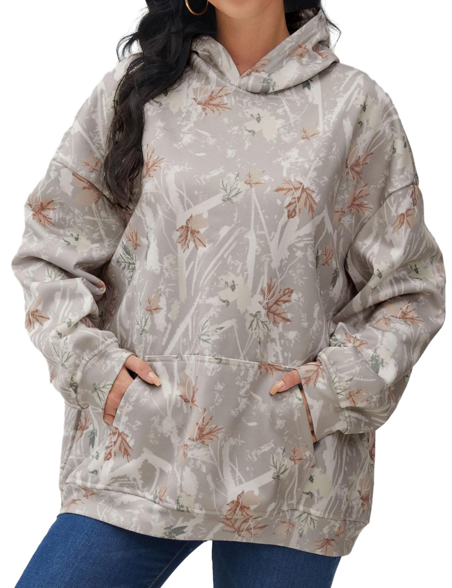 Womens Oversized Camo Hoodie Y2k Maple Leaf Print Fleece Hooded Pullover Sweatshirt Casual Long Sleeve Fall Outfits