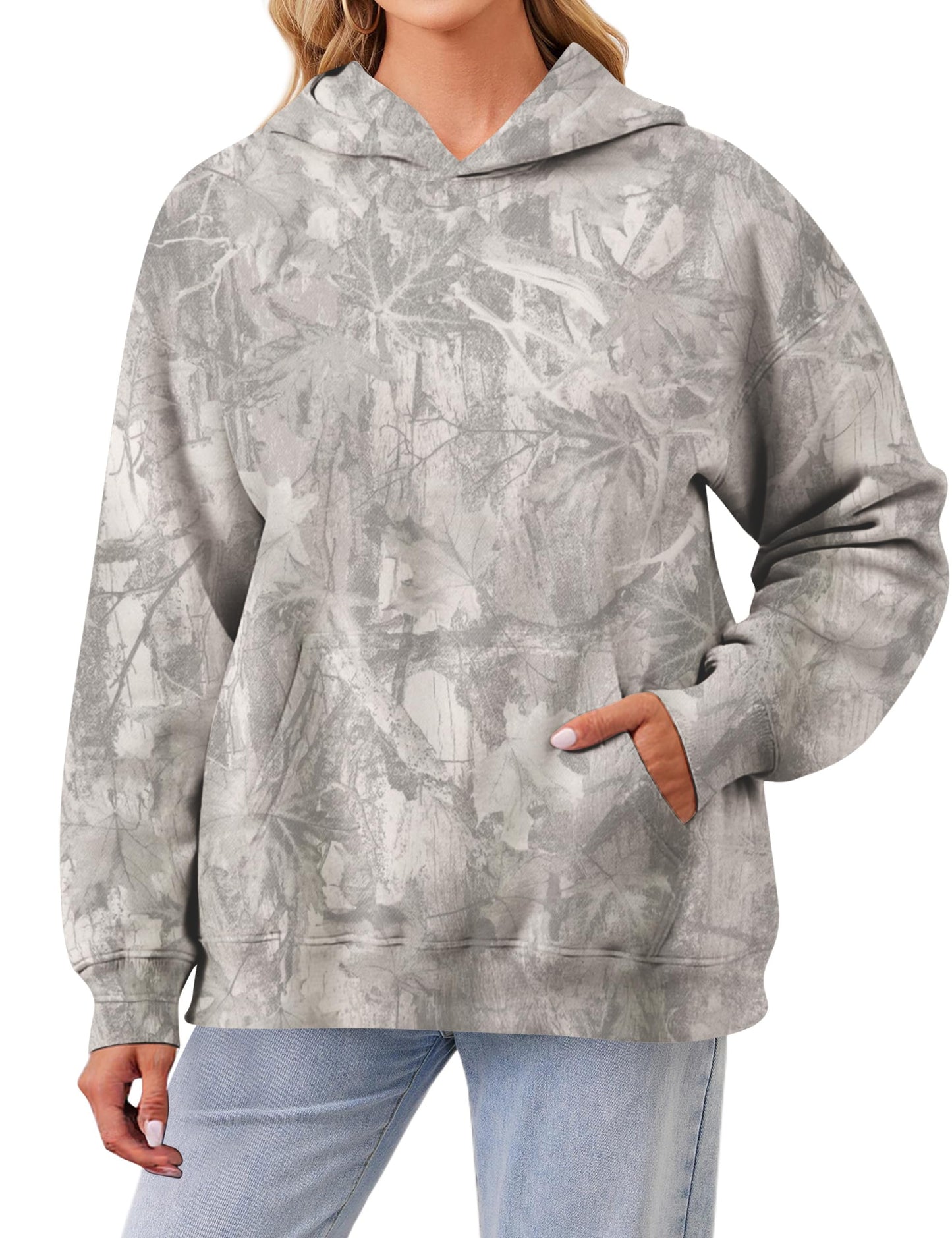 Womens Oversized Camo Hoodie Y2k Maple Leaf Print Fleece Hooded Pullover Sweatshirt Casual Long Sleeve Fall Outfits