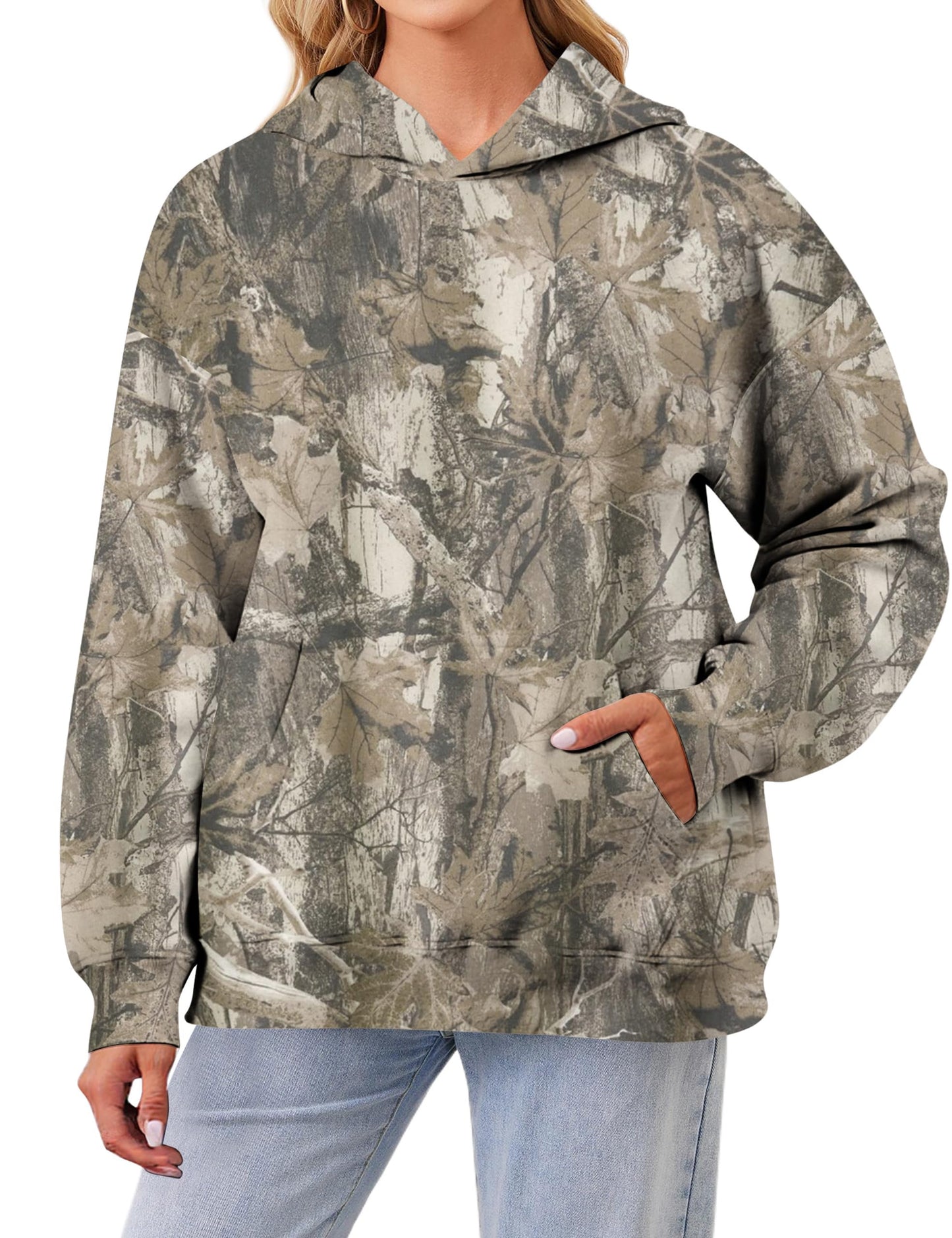 Womens Oversized Camo Hoodie Y2k Maple Leaf Print Fleece Hooded Pullover Sweatshirt Casual Long Sleeve Fall Outfits