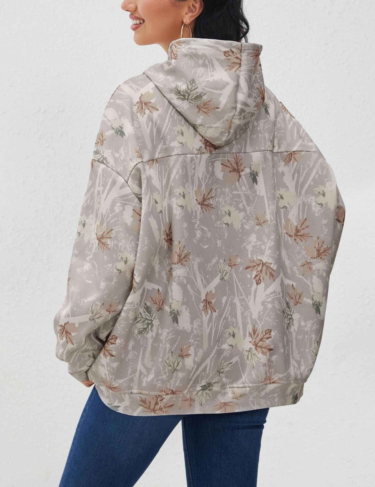 Womens Oversized Camo Hoodie Y2k Maple Leaf Print Fleece Hooded Pullover Sweatshirt Casual Long Sleeve Fall Outfits