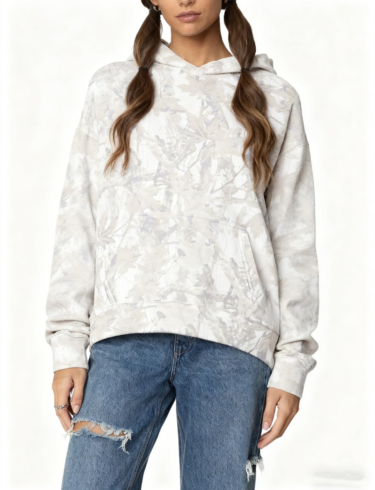 Womens Oversized Camo Hoodie Y2k Maple Leaf Print Fleece Hooded Pullover Sweatshirt Casual Long Sleeve Fall Outfits