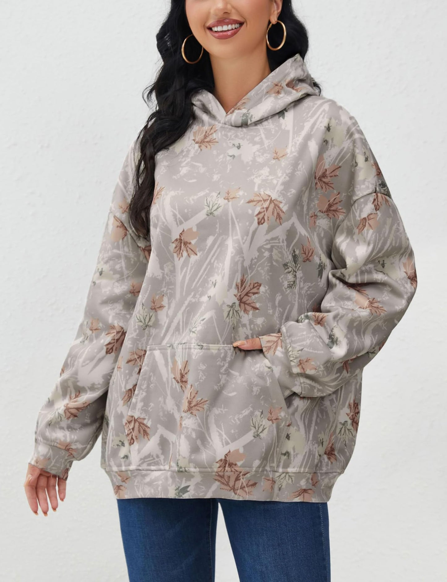 Womens Oversized Camo Hoodie Y2k Maple Leaf Print Fleece Hooded Pullover Sweatshirt Casual Long Sleeve Fall Outfits