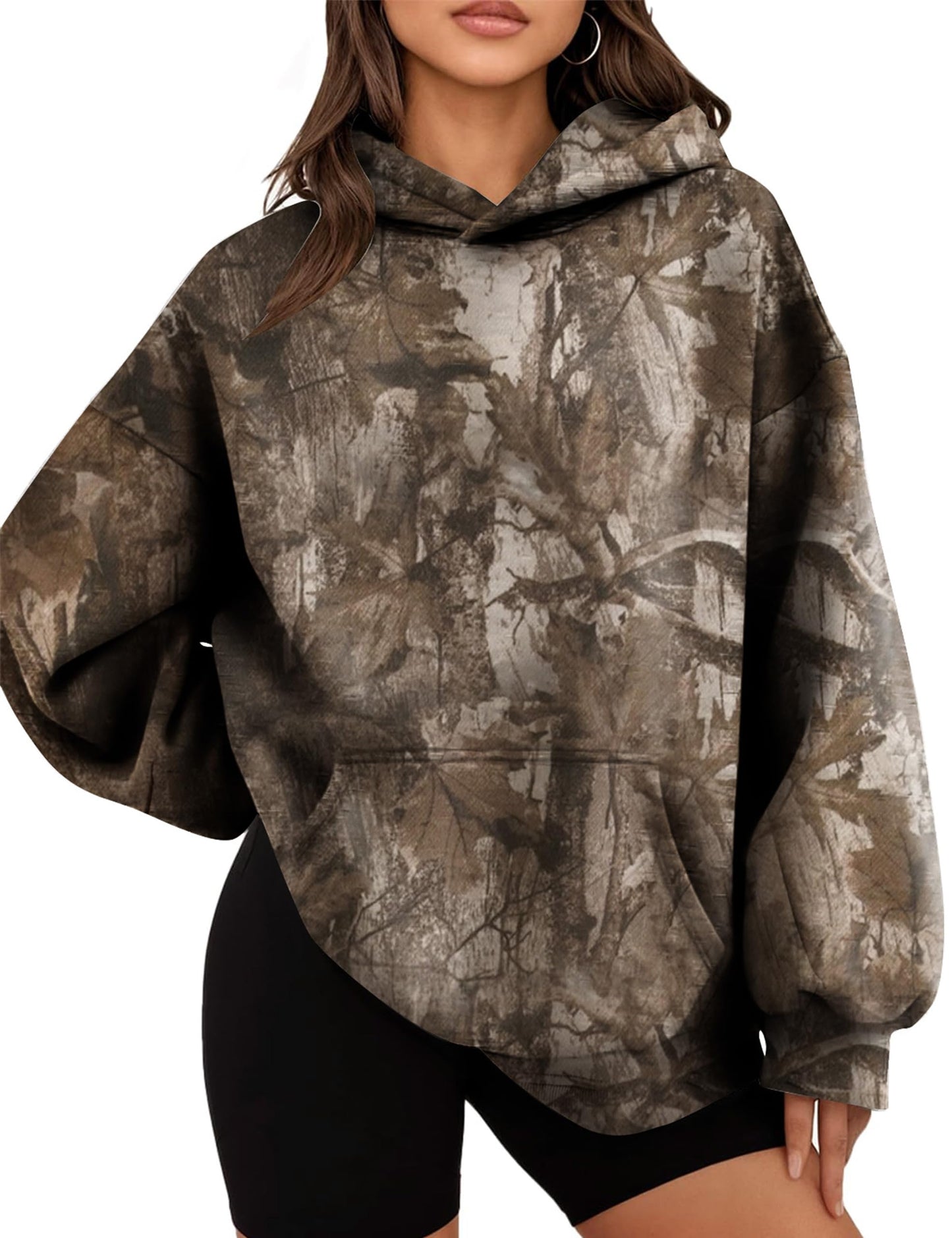 Womens Oversized Camo Hoodie Y2k Maple Leaf Print Fleece Hooded Pullover Sweatshirt Casual Long Sleeve Fall Outfits