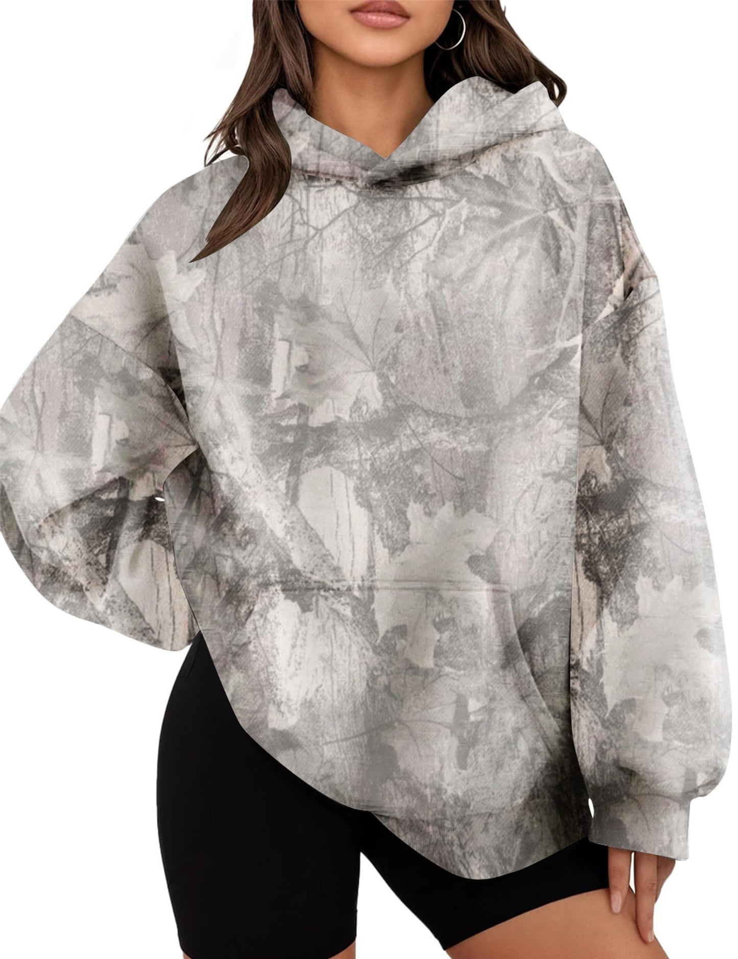 Womens Oversized Camo Hoodie Y2k Maple Leaf Print Fleece Hooded Pullover Sweatshirt Casual Long Sleeve Fall Outfits