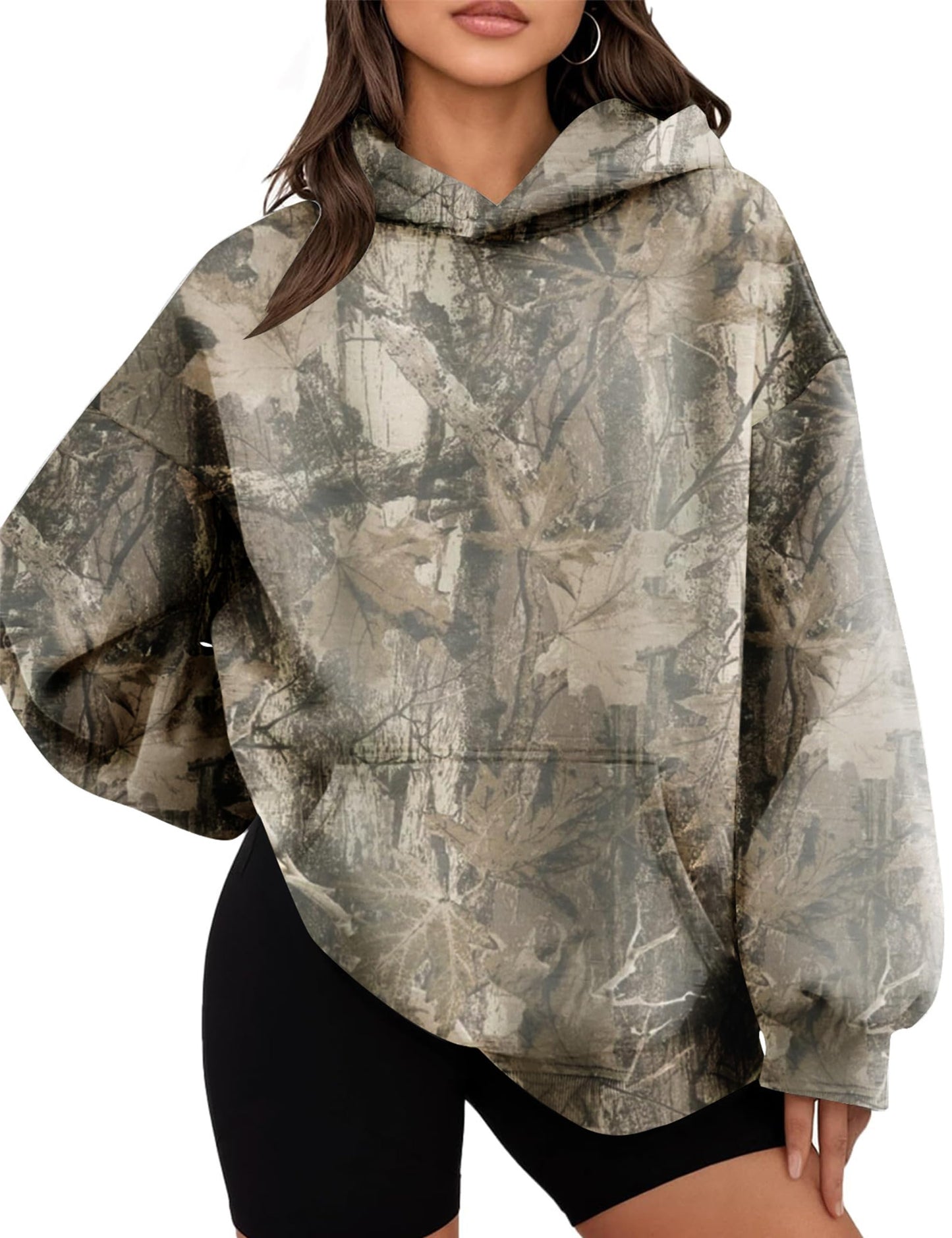 Womens Oversized Camo Hoodie Y2k Maple Leaf Print Fleece Hooded Pullover Sweatshirt Casual Long Sleeve Fall Outfits
