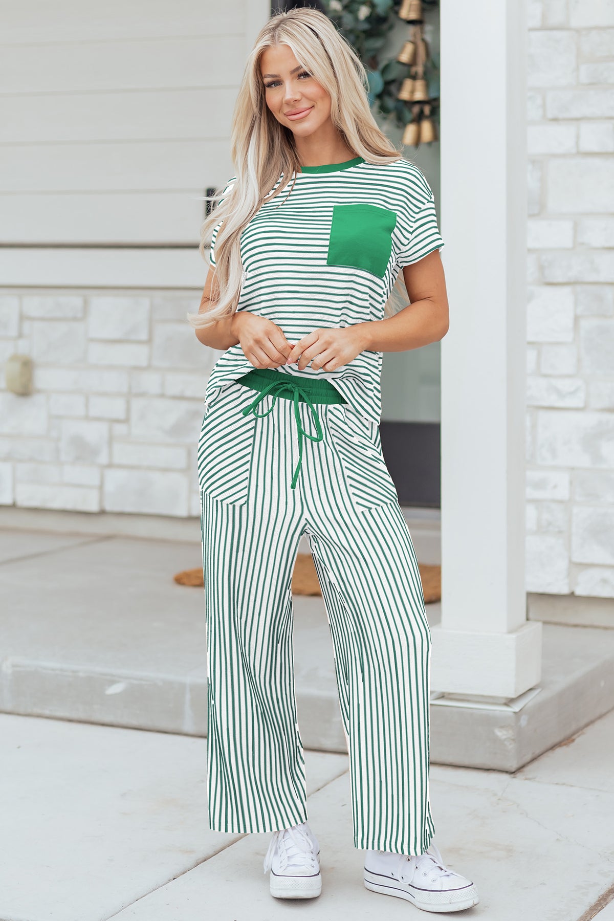 Khaki Stripe Crew Neck Tee Drawstring Waist Cropped Pants Set