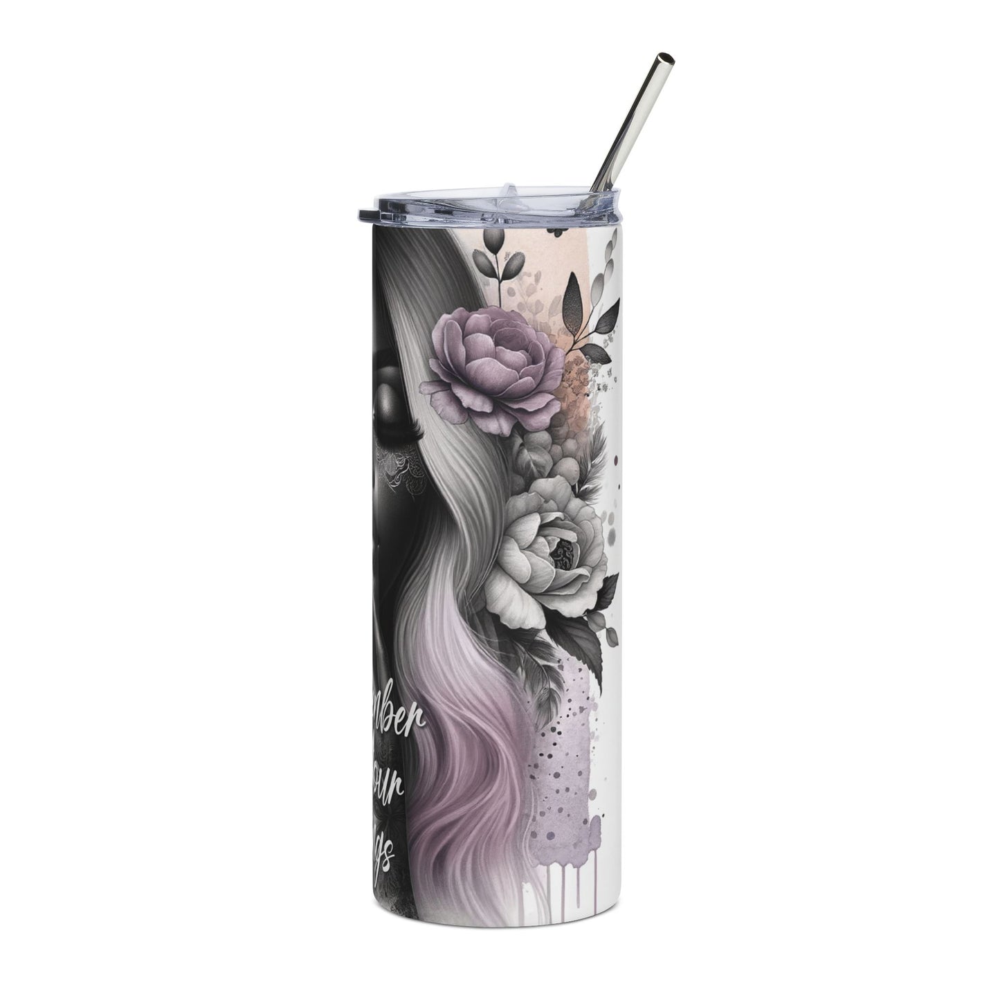 20oz Stainless Steel Tumbler — Remember Your Blessings Black Woman Design with Purple Butterfly